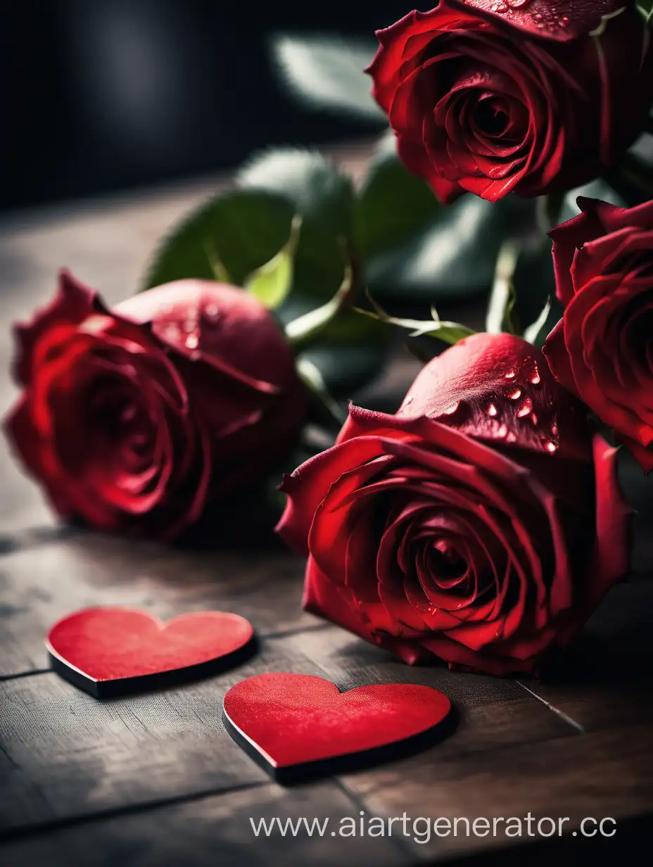 close-up macrophotography of beautiful red roses lying on thе table, with one Valentine next to it, red and black tones, Valentine's Day atmosphere -ar 2:3 -version 6.0