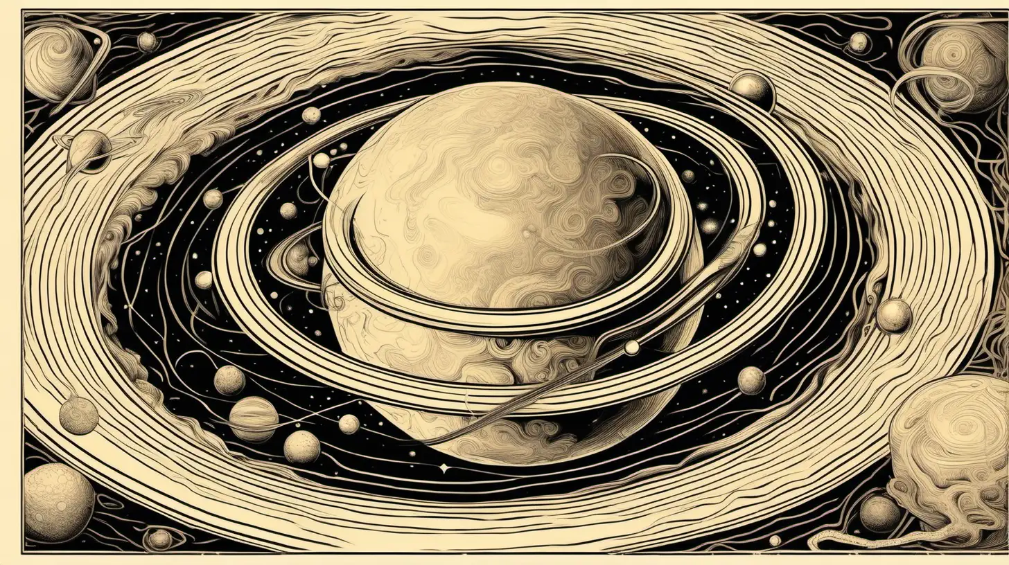 in the style of multi-panel compositions, lovecraftian, romantic illustration , in the style of renaissance perspective and anatomy, two planets conjunct Saturn's ring, drawn with loose lines