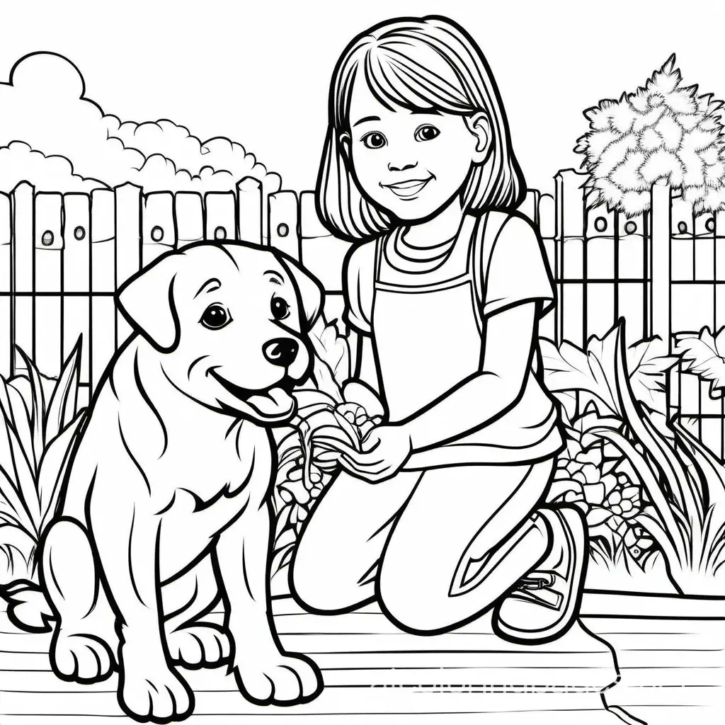 girl five years old playing with the dog, Coloring Page, black and white, line art, white background, Simplicity, Ample White Space. The background of the coloring page is plain white to make it easy for young children to color within the lines. The outlines of all the subjects are easy to distinguish, making it simple for kids to color without too much difficulty