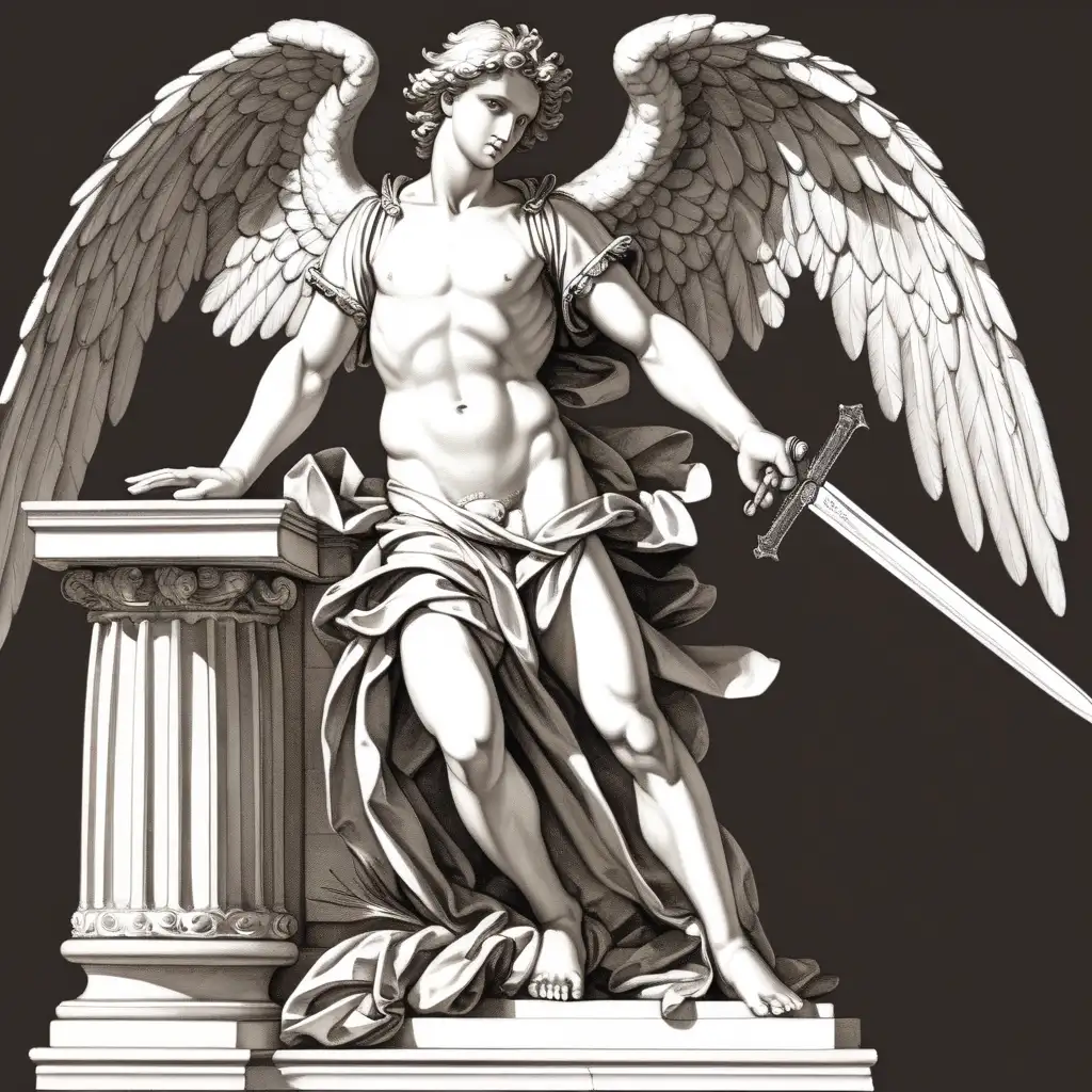 male angel with a sword and its a classicism style