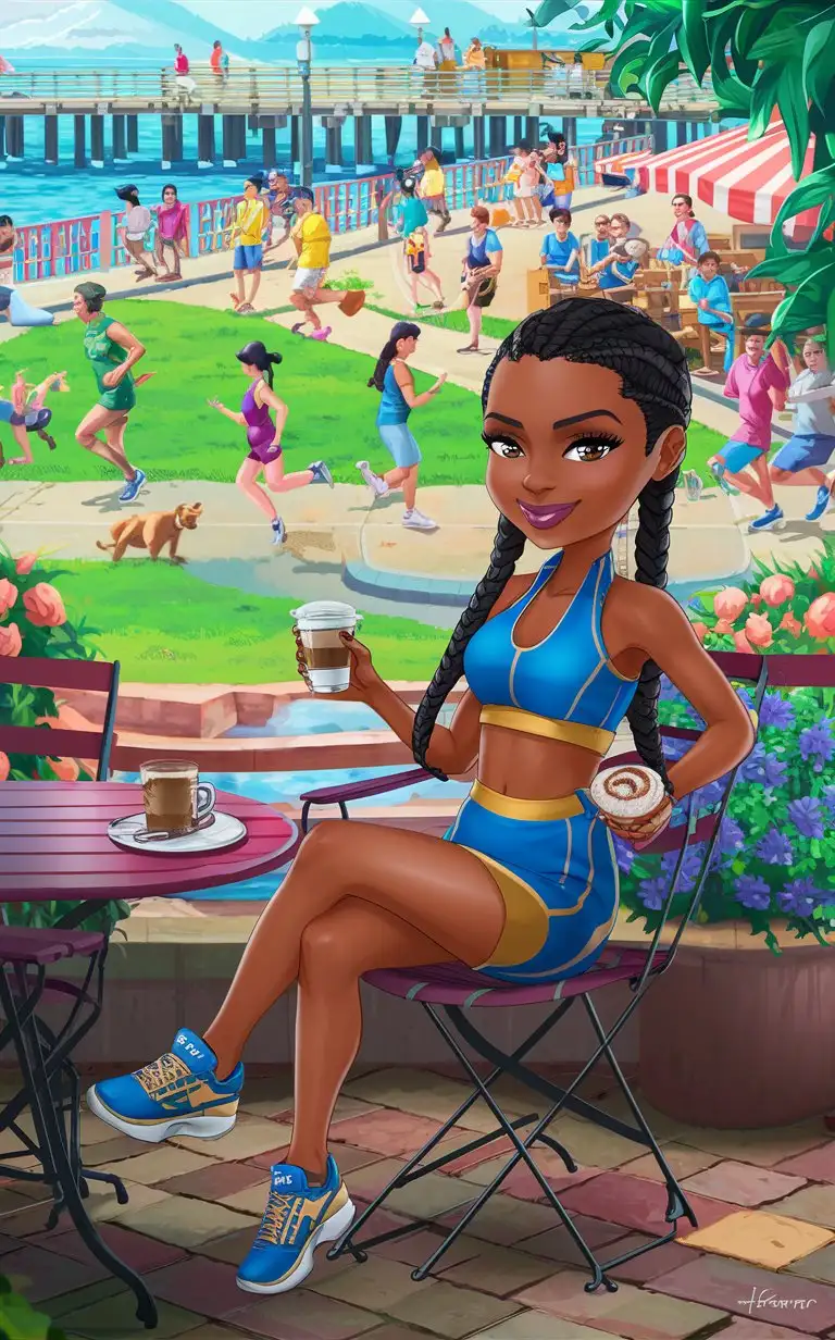 Create an 8k beautiful, colorful park with people running and walking with their pets.  An African American chibi woman looking at the audience with long black braids sitting in a chair at an outdoor restaurant near a pier at the park holding a  see through cup of coffee and a Danish in the other hand.  She is wearing a atheletic blue and gold two piece attire with matching sneakers. Standing near a pier you can see the blue waters.