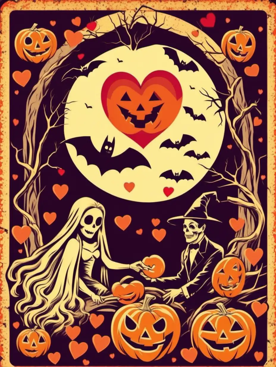 a vintage kitsch valentines day card with a halloween theme vector illustration style
