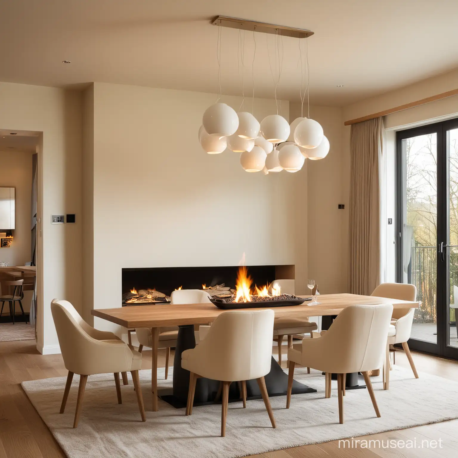 ,modern,dining
 room, amazing lamps, soft chairs, oak, cream, fire place