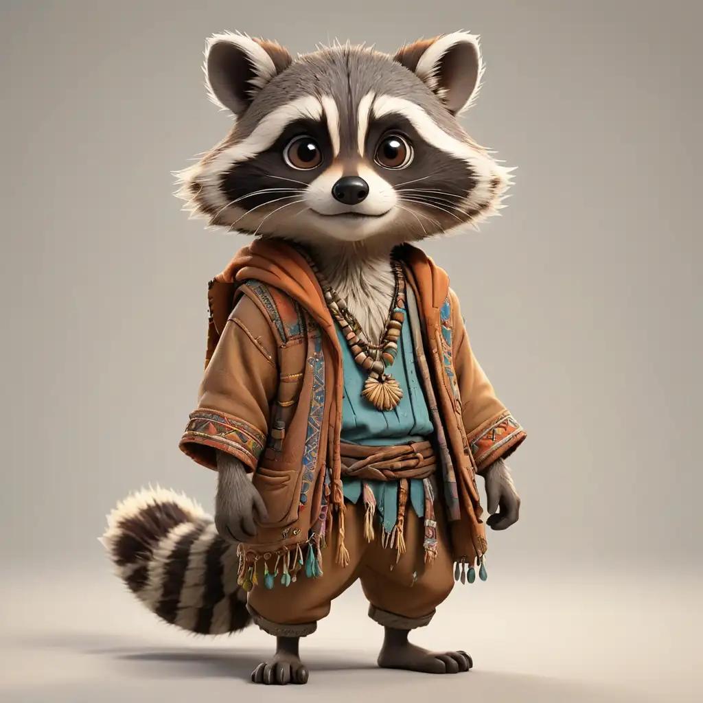 Cartoon Raccoon in Boho Clothes with Clear Background