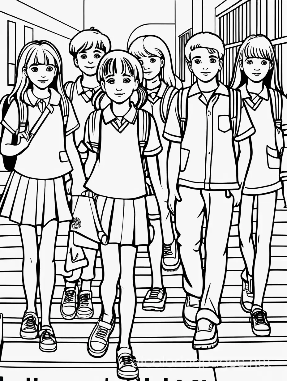 teenagers school boys and school girls at the schoolyards, Coloring Page, black and white, line art, white background, Simplicity, Ample White Space. The background of the coloring page is plain white to make it easy for young children to color within the lines. The outlines of all the subjects are easy to distinguish, making it simple for kids to color without too much difficulty
