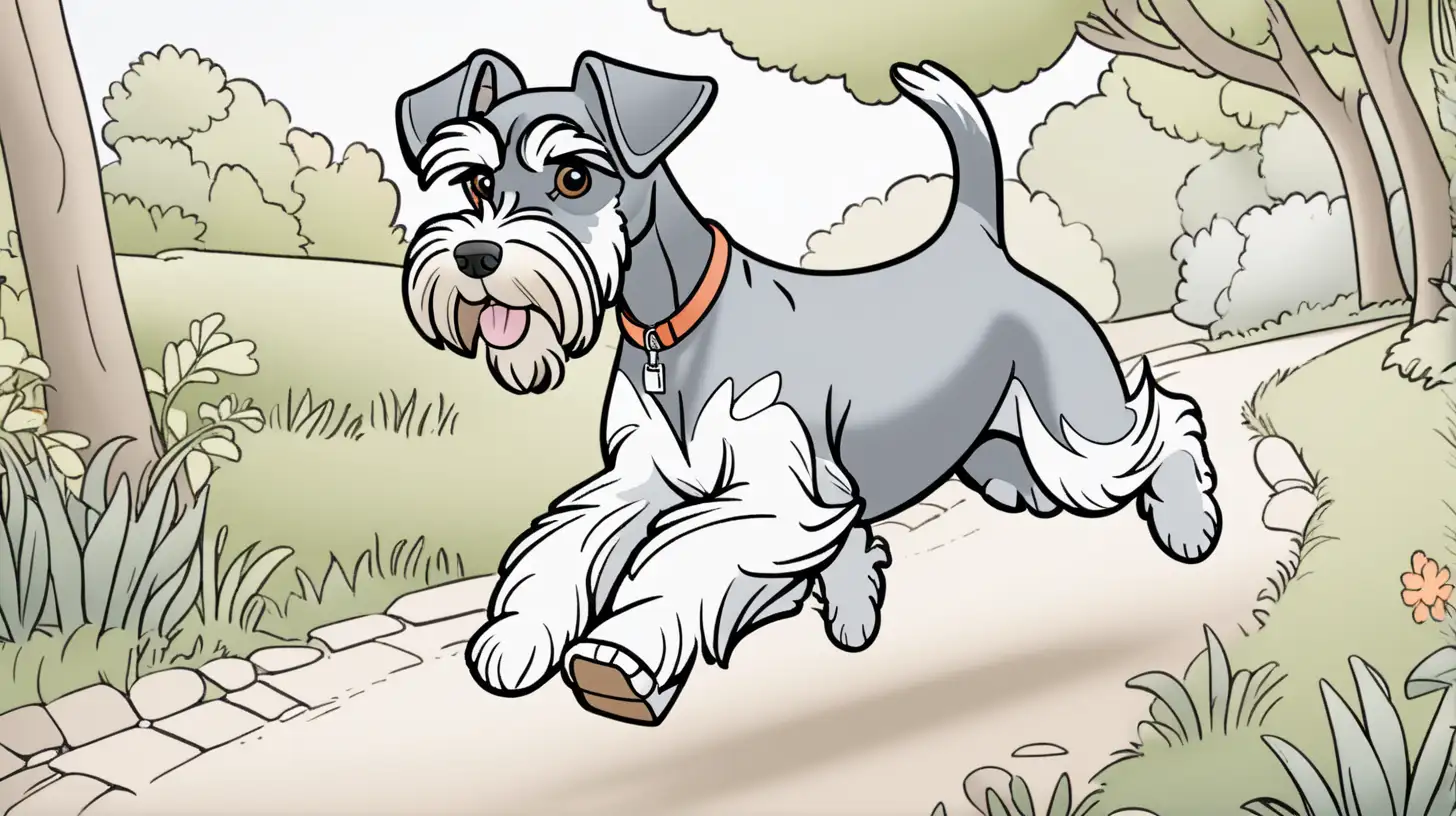 A colored coloring book of a schnauzer running down a path