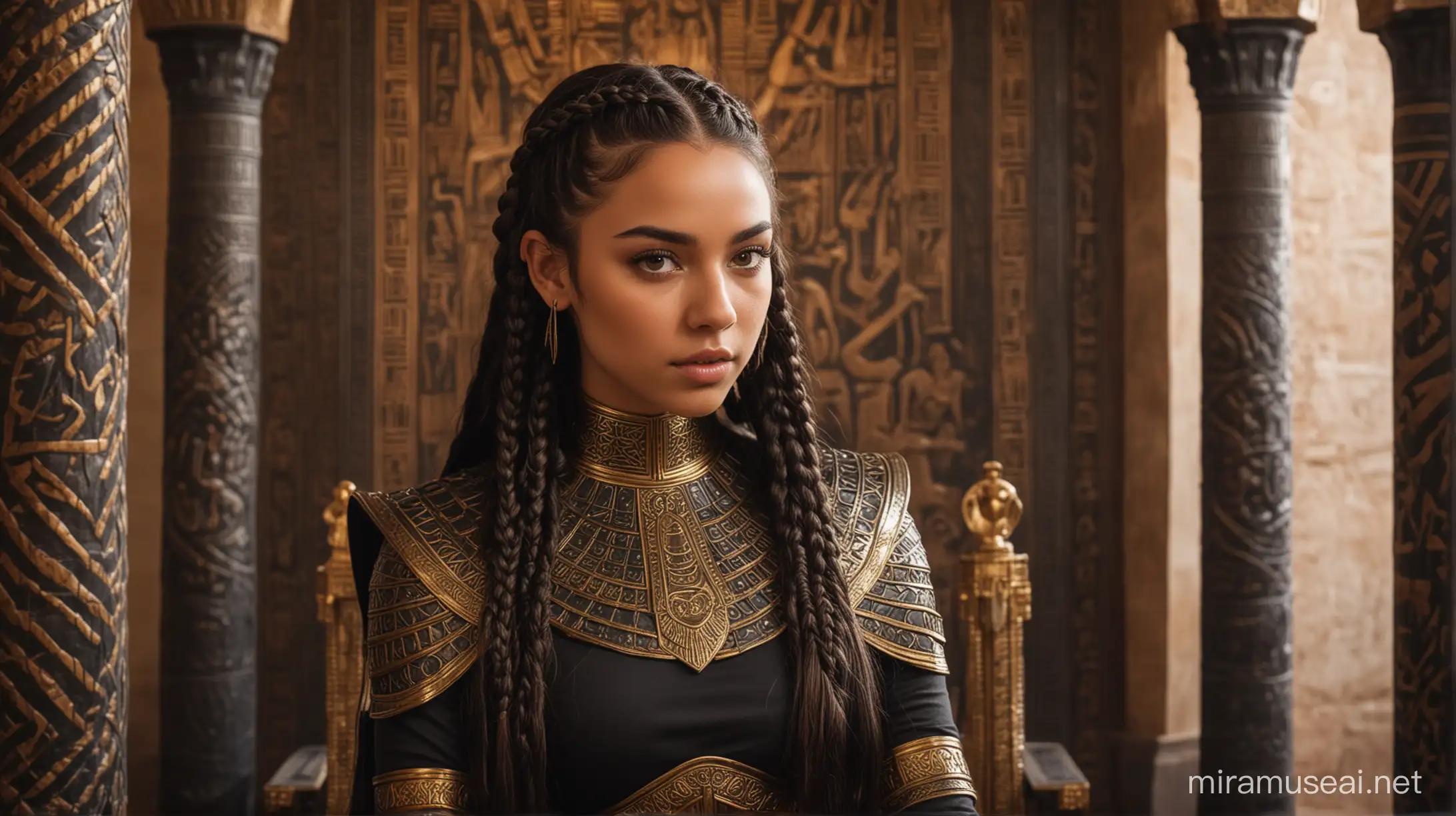 Beautiful young lady with long dark hair in braids, with caramel skin and honey gold eyes wearing black armour in an Egyptian throne room 