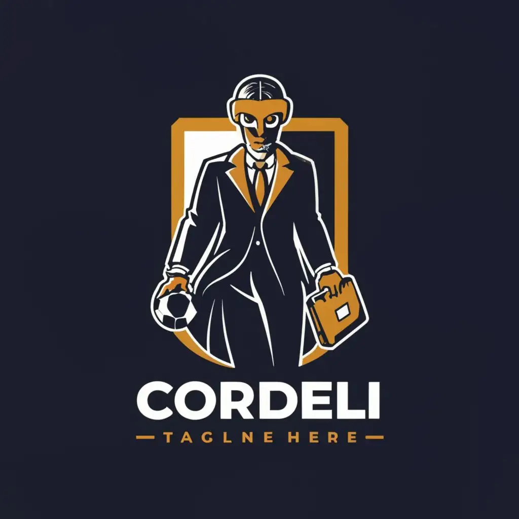 LOGO-Design-For-Cordell-Mysterious-Man-in-Black-Suit-with-Soccer-Ball-and-Briefcase