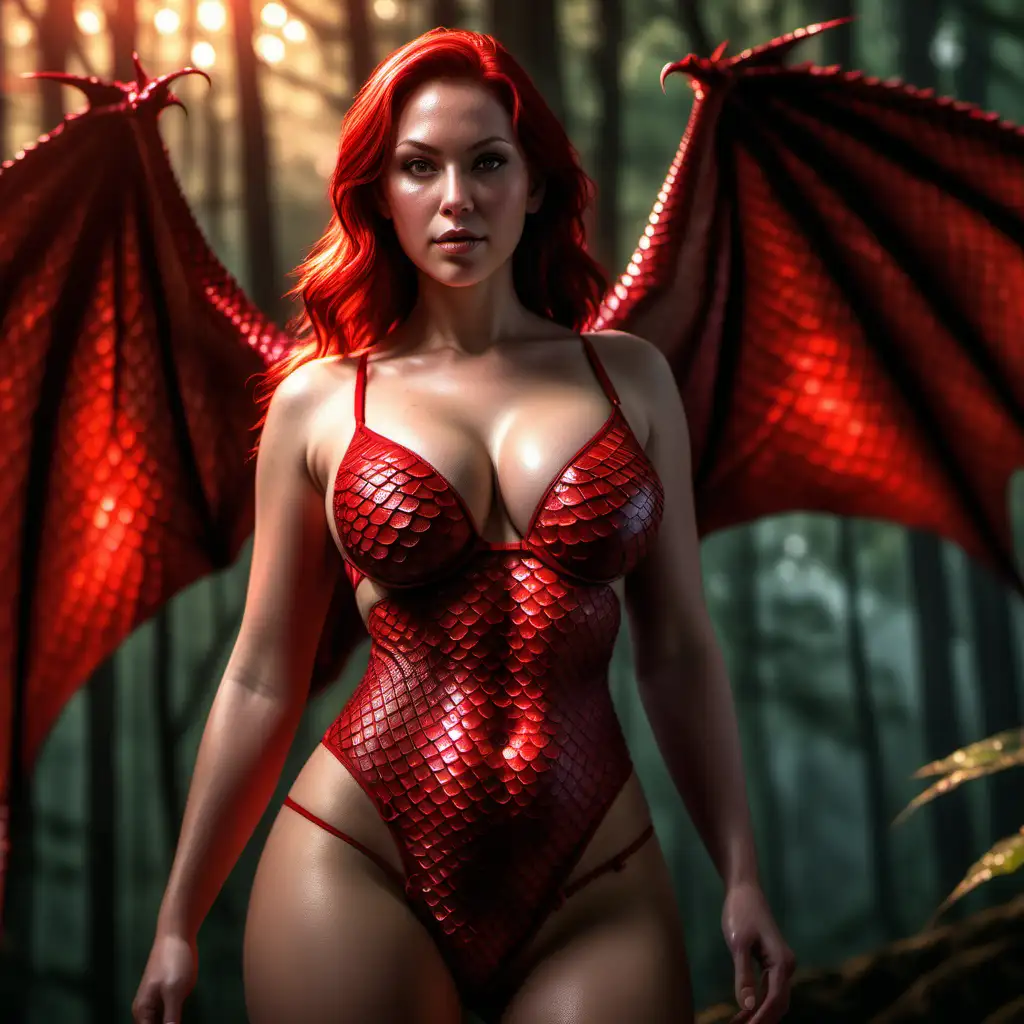 Sensual Fantasy Art Enchanting Woman in Red Dragon Scale Lingerie