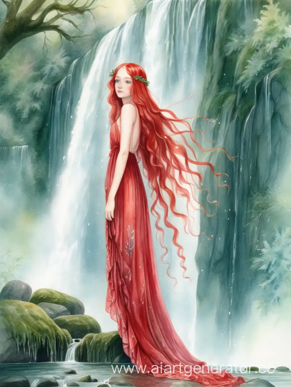 Enchanting-Nymph-Girl-with-Flowing-Red-Hair-in-Mossy-Forest-Waterfall-Scene