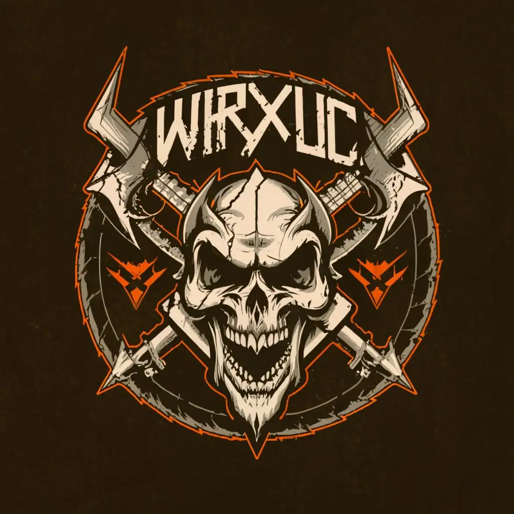a logo design,with the text "Metal band name "Wirxuc"", main symbol:Skull, guitar,Moderate,clear background