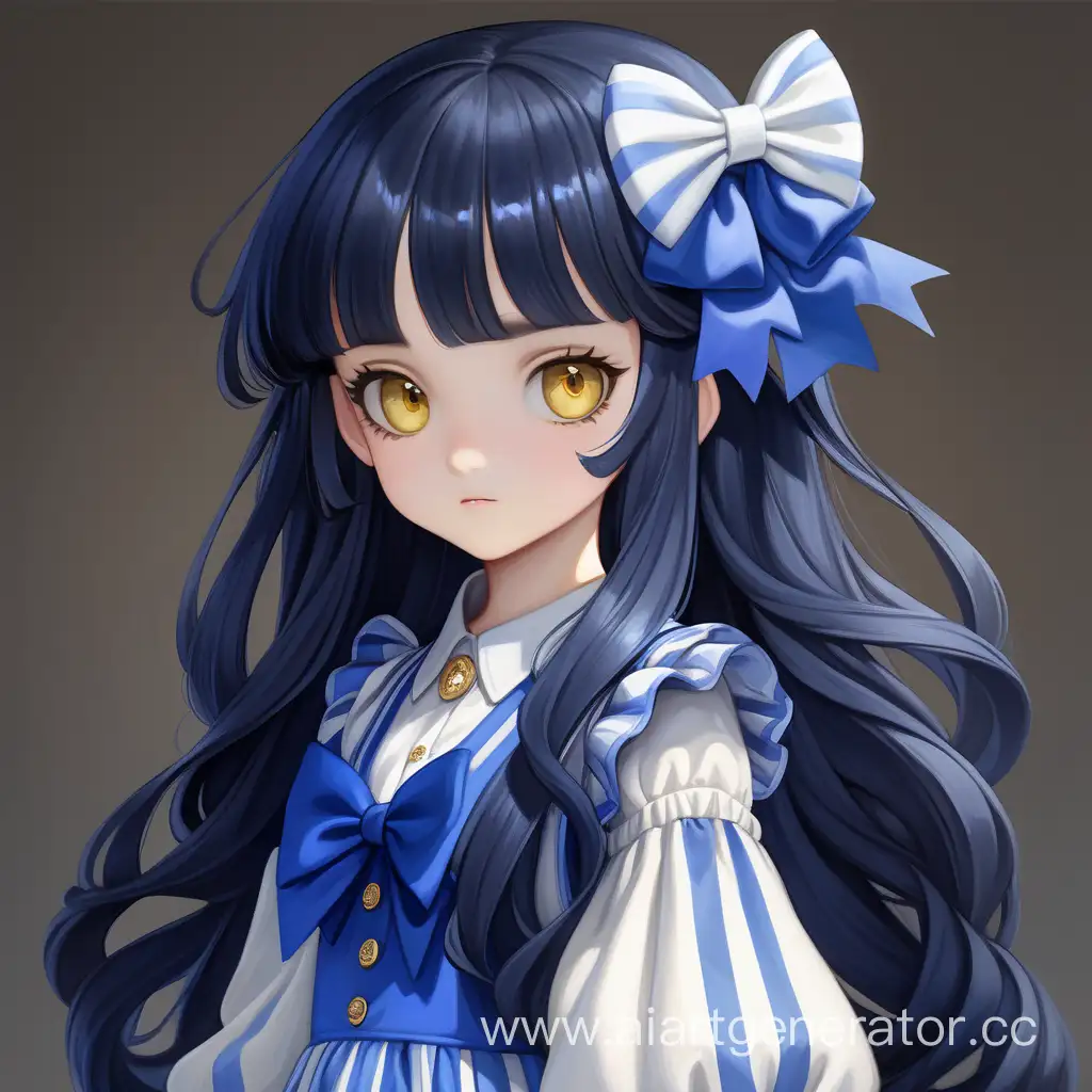 Enchanting-FairSkinned-Girl-with-Dark-Blue-Hair-and-Yellow-Eyes-in-Elegant-Blue-and-White-Ensemble