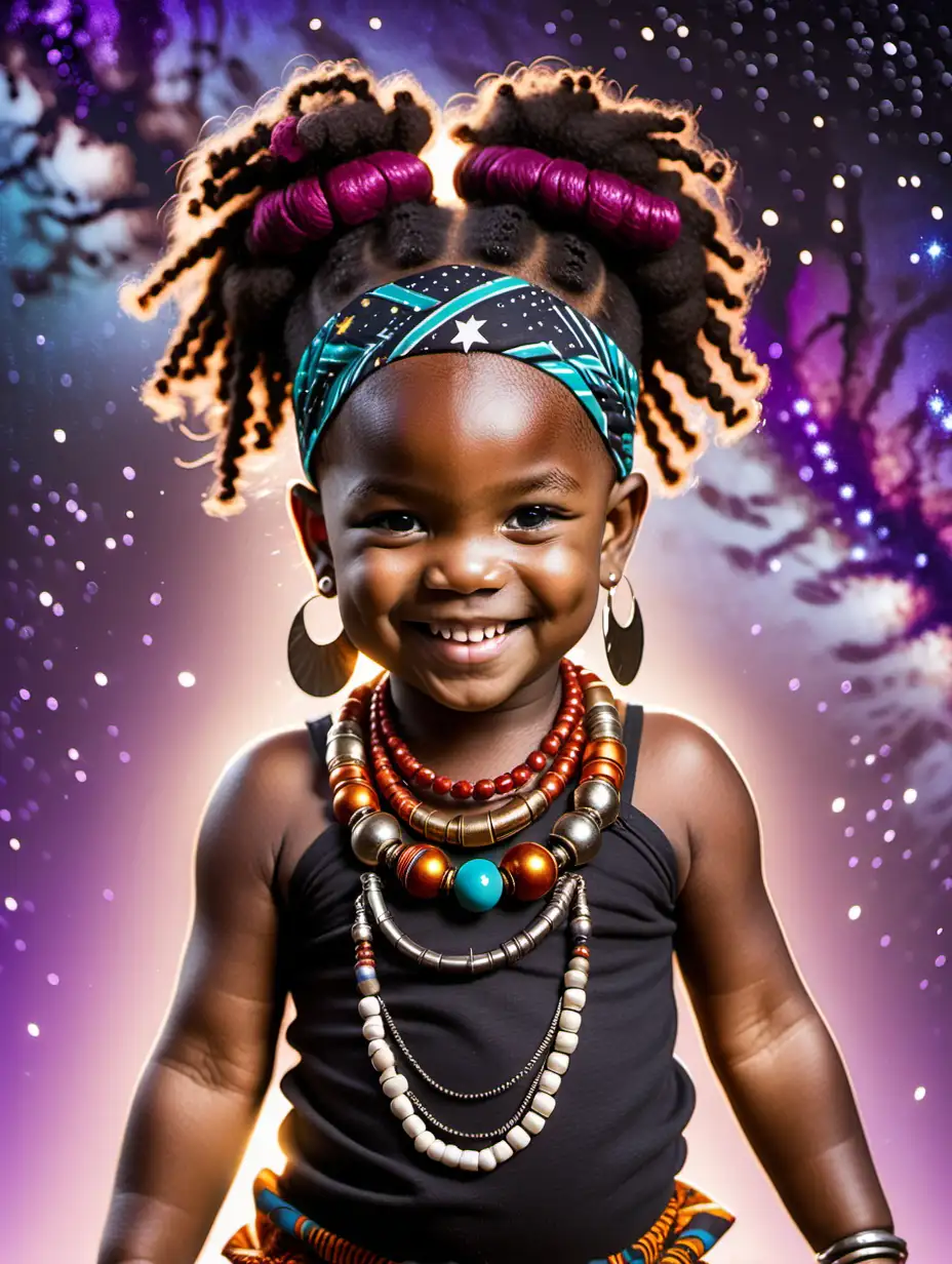 smiling african baby girl with african jewellery, tribal face paint and african print fabrics all around her and a galaxy background and a punk hairstyle