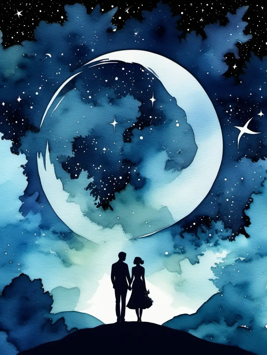 wedding invite, night sky background, silhouette of a couple, watercolor
