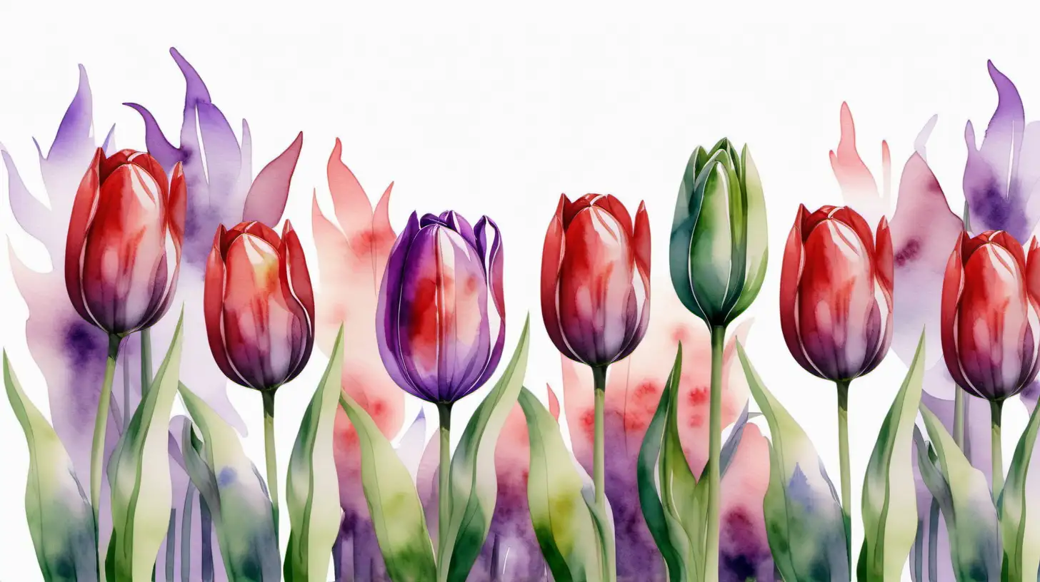 watercolor outdoor  field of tulip flowers in ambient purple, red and green, transparent background, ar :15:7