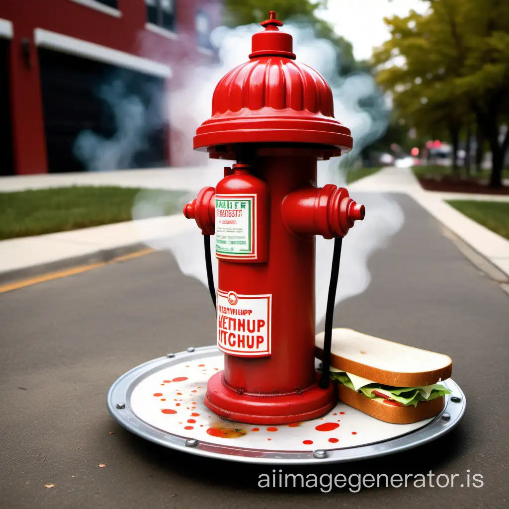 make a realistic sandwich on a table inside a fire hydrant with a fire extinguisher like a dispenser of ketchup