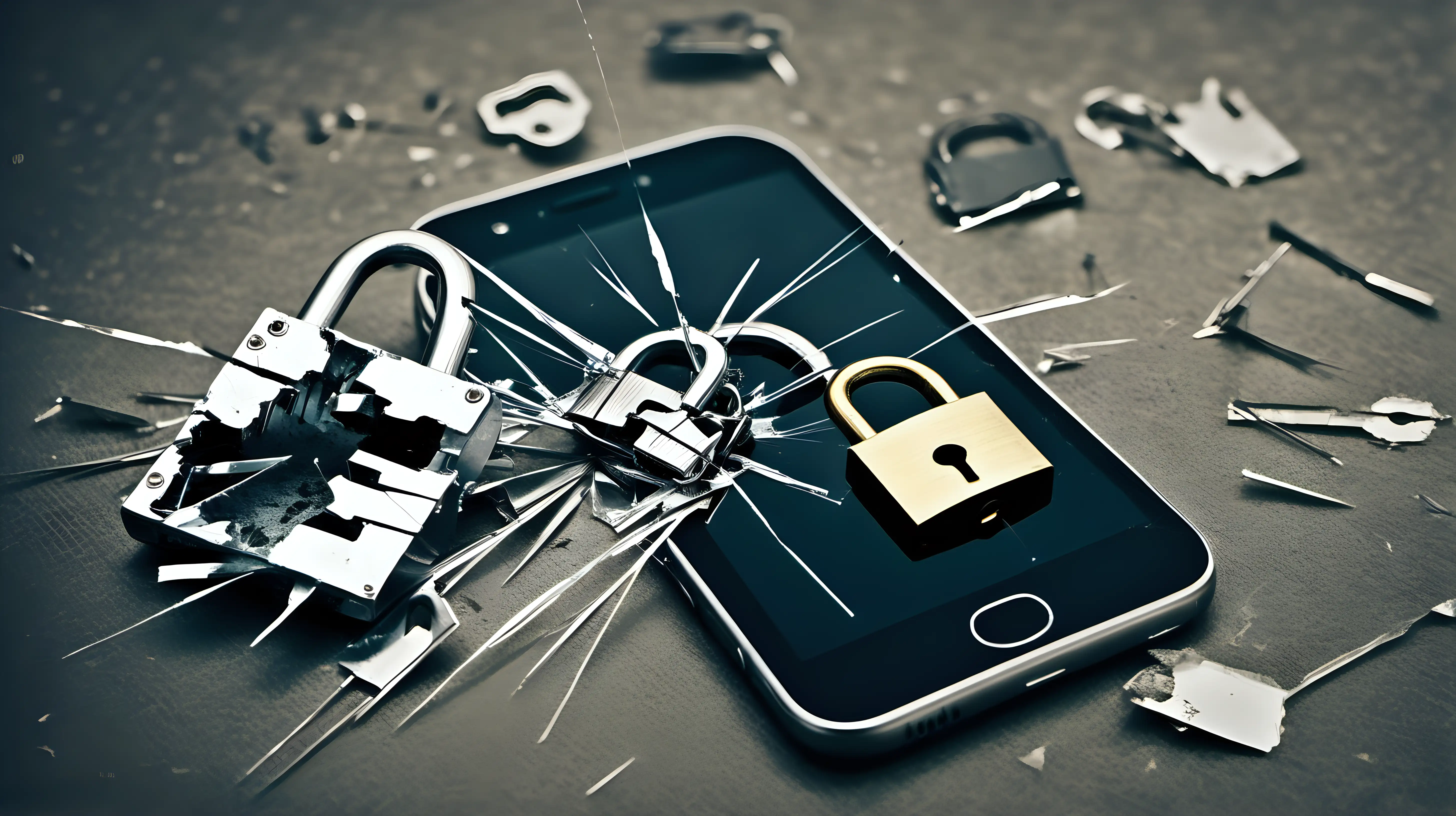 A broken padlock lying next to a shattered smartphone screen, symbolizing the vulnerability of digital devices to hacking attacks.