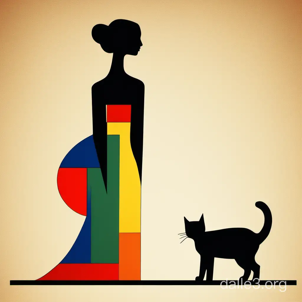 дама с котом многоцветный силуэт растровый рисунок минимализм примитивизм супрематизм