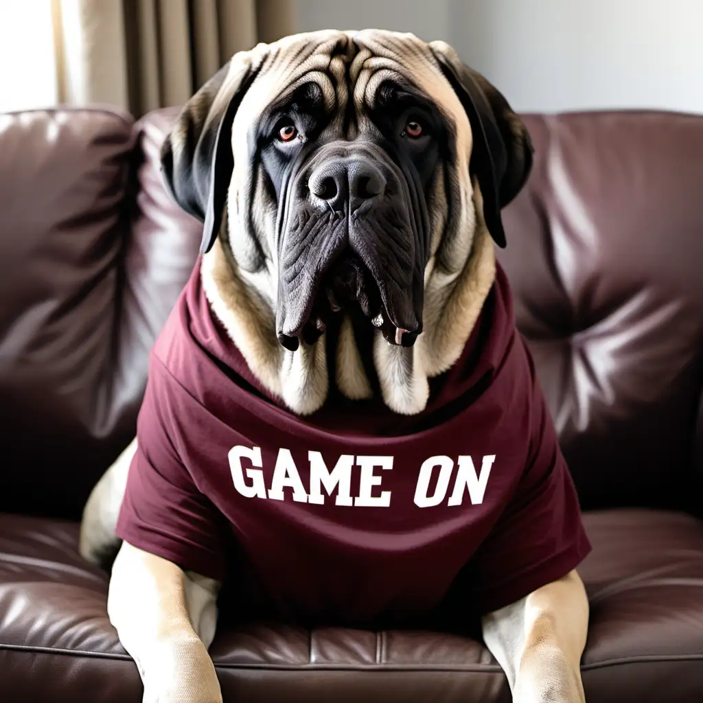  English mastiff watching a football game. He's wearing maroon colored t shirt that says "Game ON"
