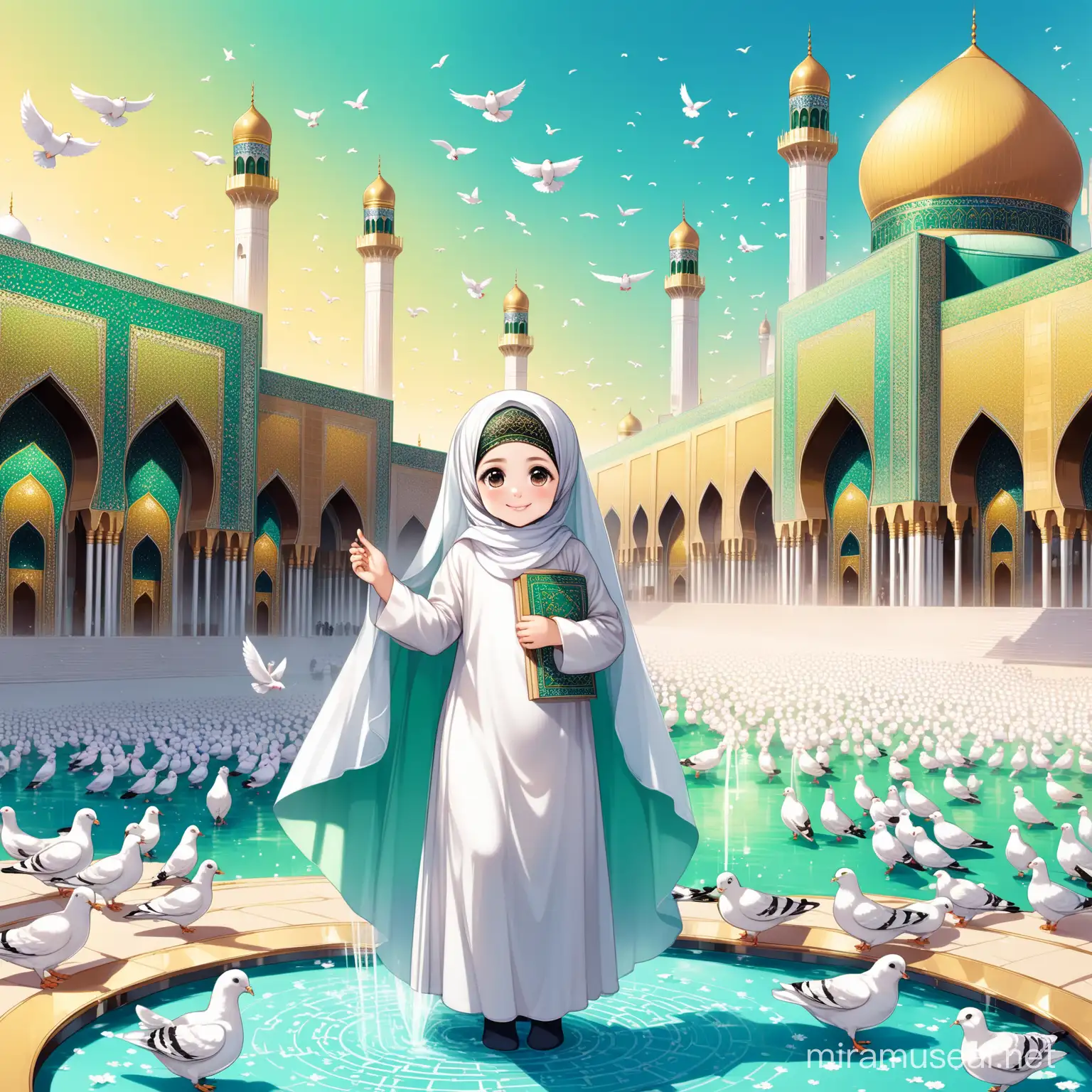 Character Persian little girl(full height, Big white flag in one hand proudly, baby face, Muslim, with emphasis no hair out of veil(Hijab), smaller eyes, bigger nose, white skin, cute, smiling, wearing socks, clothes full of Persian designs).

Atmosphere beautiful shrine of Imam Reza, yard, pond with water fountain, many pigeons, colorful, nobody.