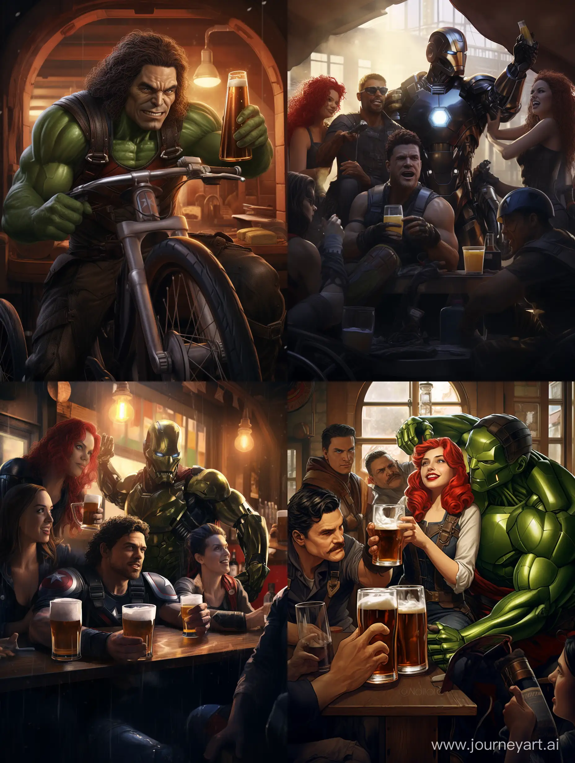 “Hulk”,“Iron Man”,“Captain America”, “Loki” ,“The Scarlet Witch” “Black Widow” едут на велосипедах с пивом в руках 