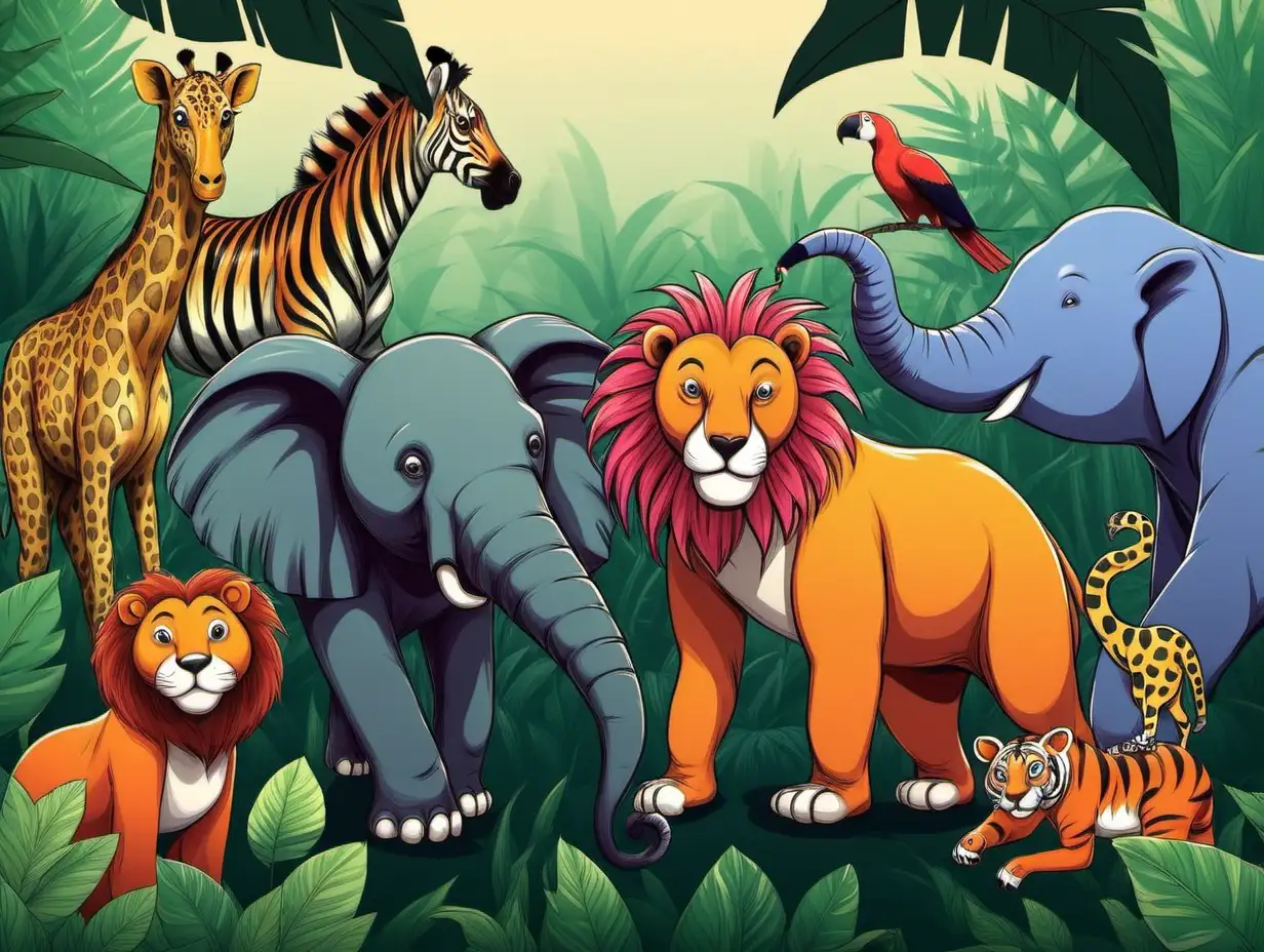 Diverse Jungle Animals Gathered in Lush Forest Setting