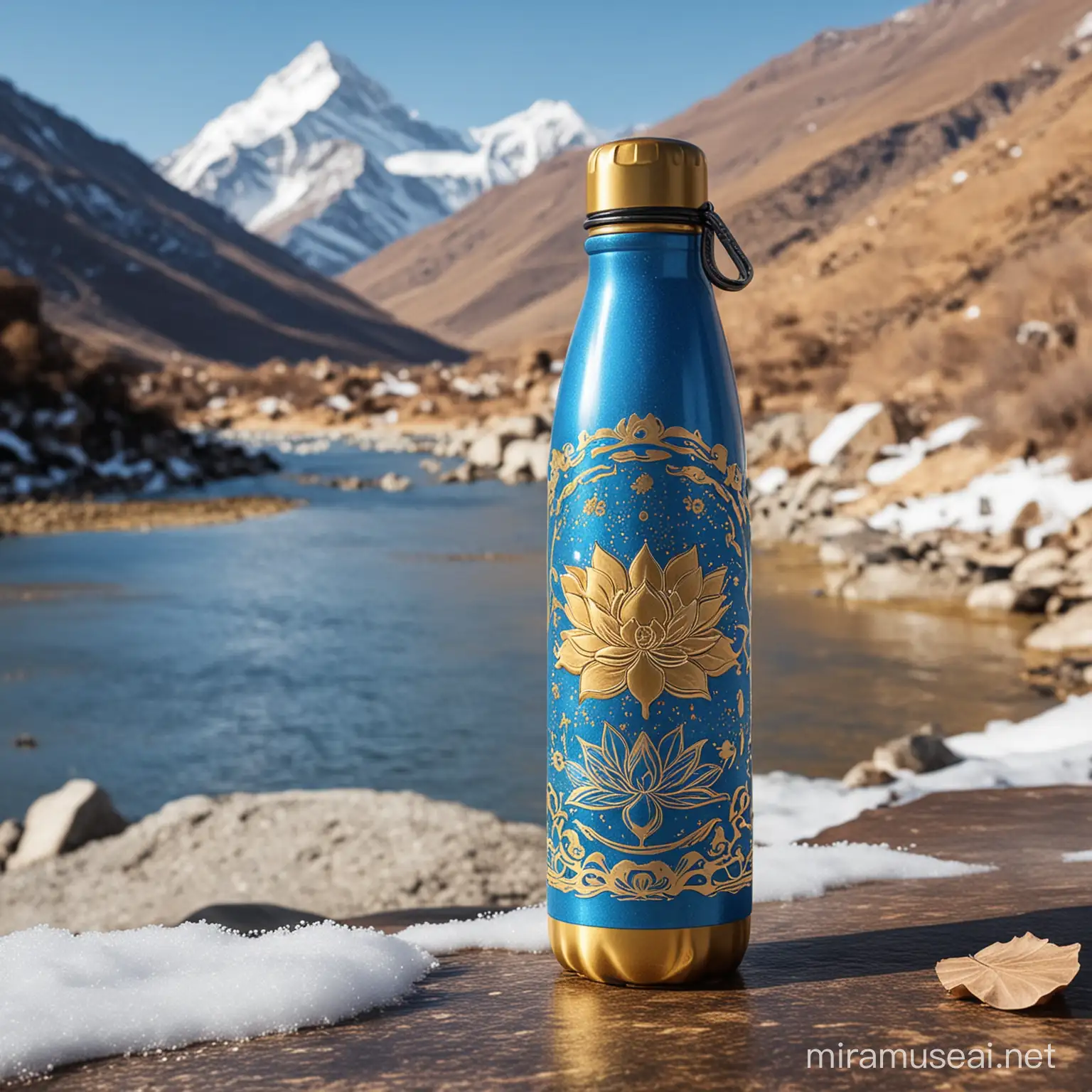 design a pure water bottle with Tibet Buddhism factor , sun, lotus, blue , gold ,snow, mountain.