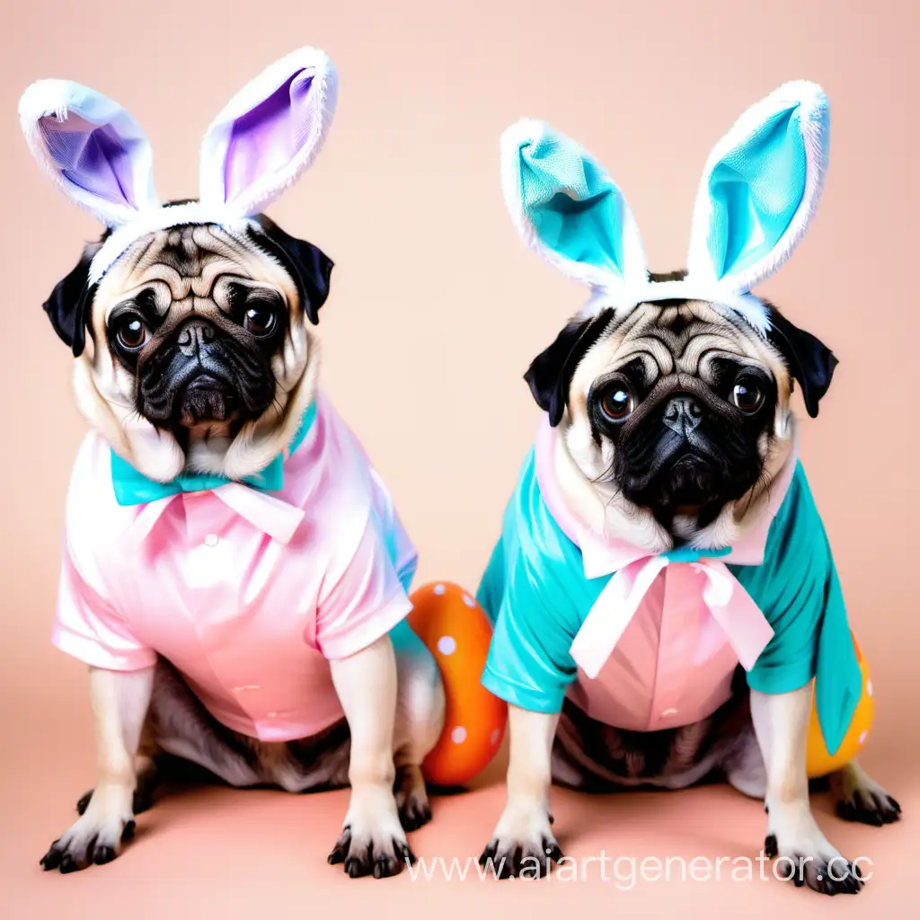pug dogs dressed up as Easter bunnies 