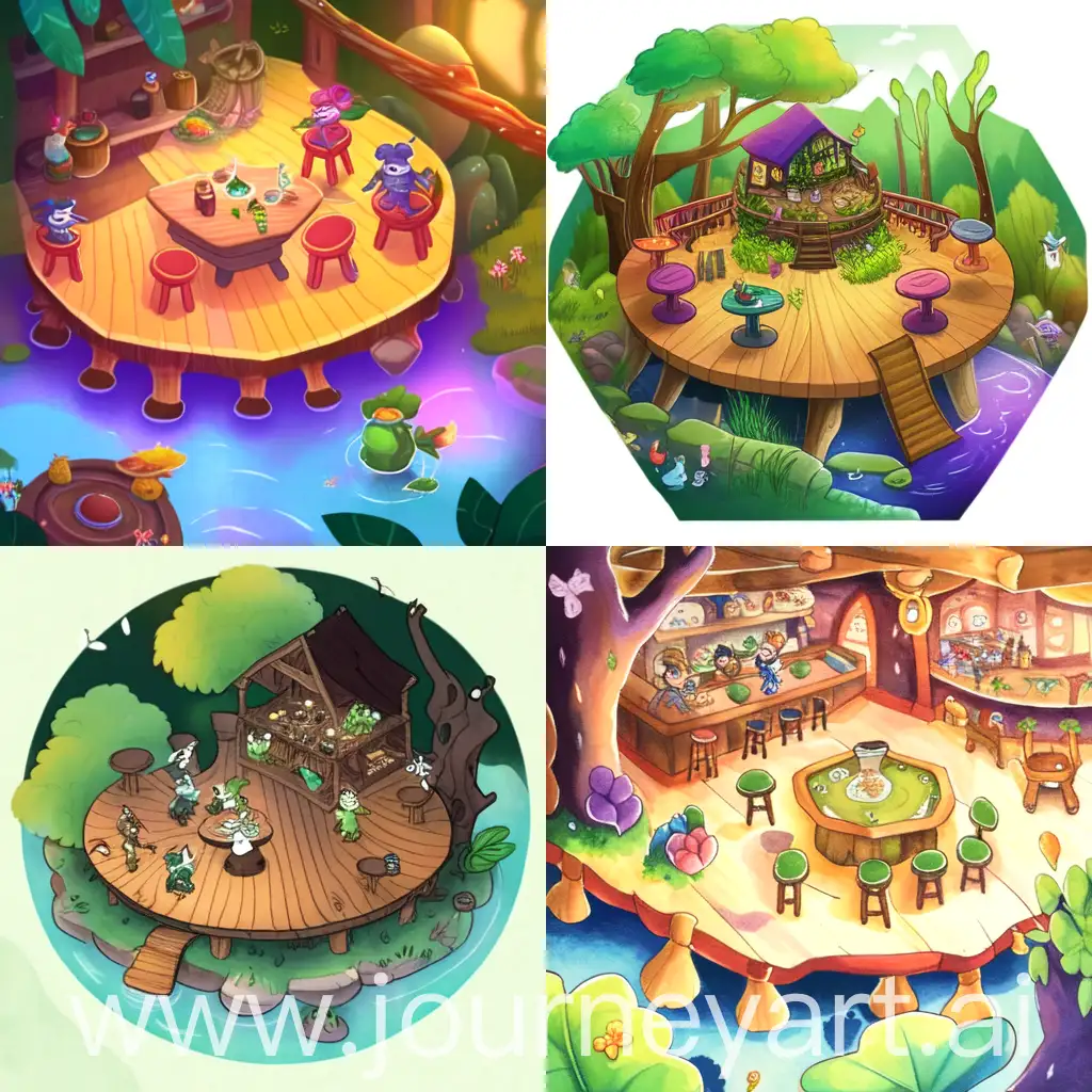 'Woodland animal fairy tale style, hexagonal log cabin pop-up bar, ((big black-spotted frog and little green frogs sitting in a circle on bar stools drinking))(focus), charming, friendly characters on a vibrant, colorful background catch the eye and spark young readers' imaginations. Watercolor, webtoon style.