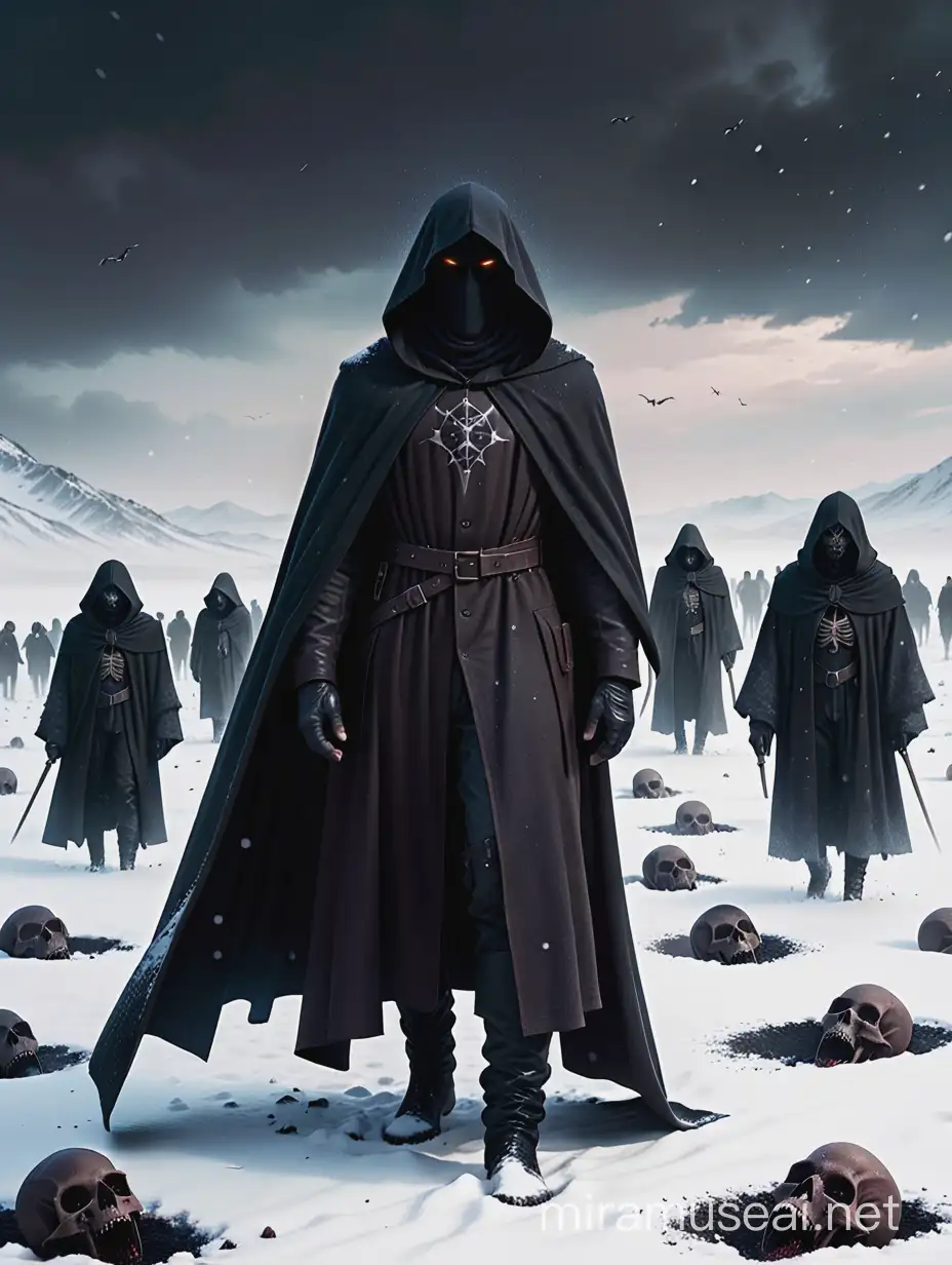 A dark and captivating book cover of a cloaked dark man standing in a dark wasteland littered with multiple corpses on a snowy day.
