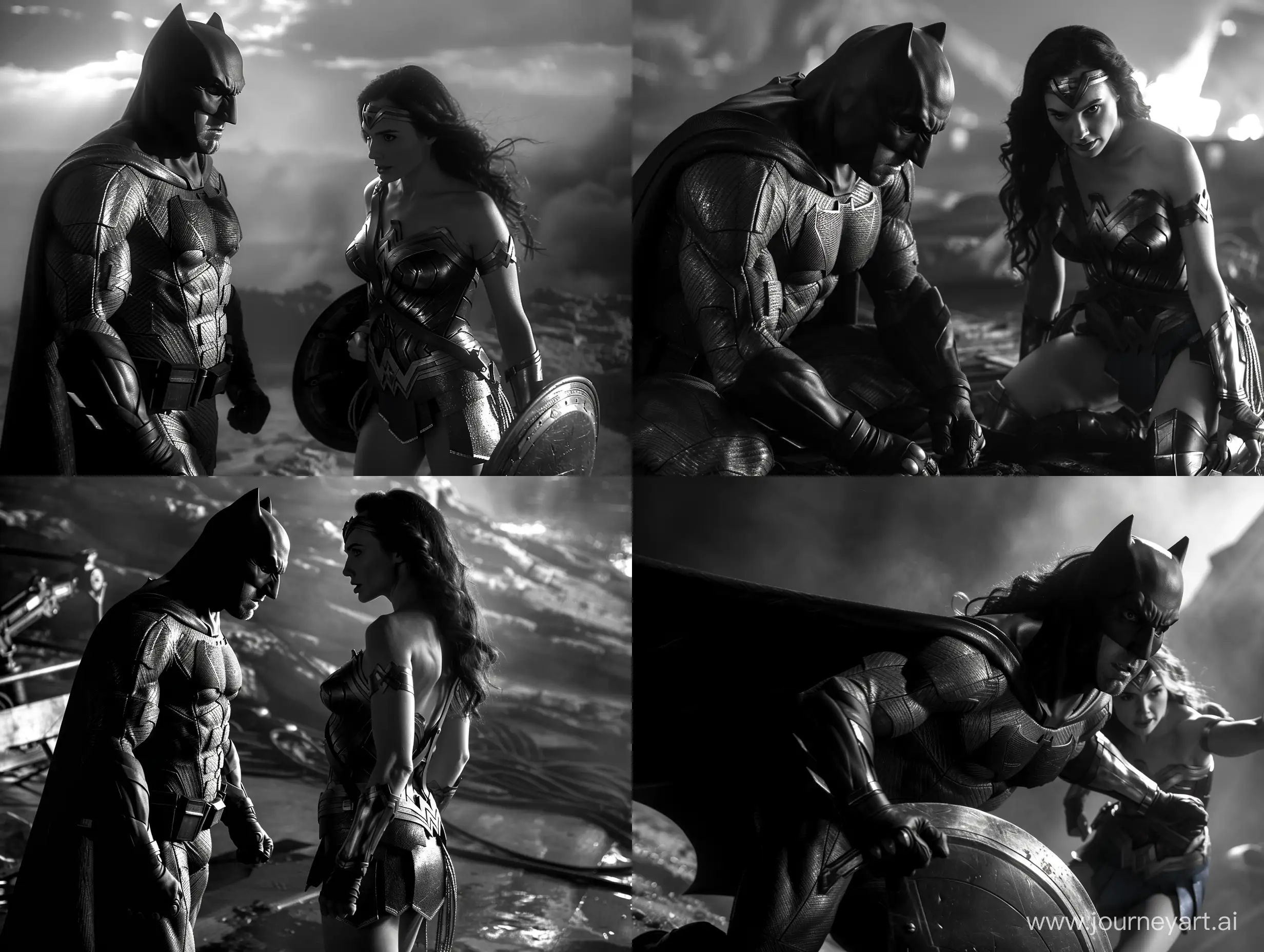 Zack Snyder's Justice League, Ben Affleck as Batman, Gal Gadot as Wonder Woman, noir style 50, monochrome film, harsh shadows and light, film shot, cinematic