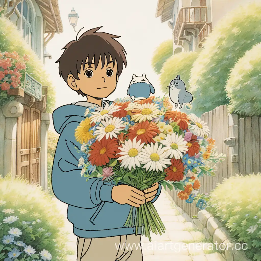 style of Studio Ghibli (Hayao Miyazaki's anime) of a boy holding a bouquet of flowers.