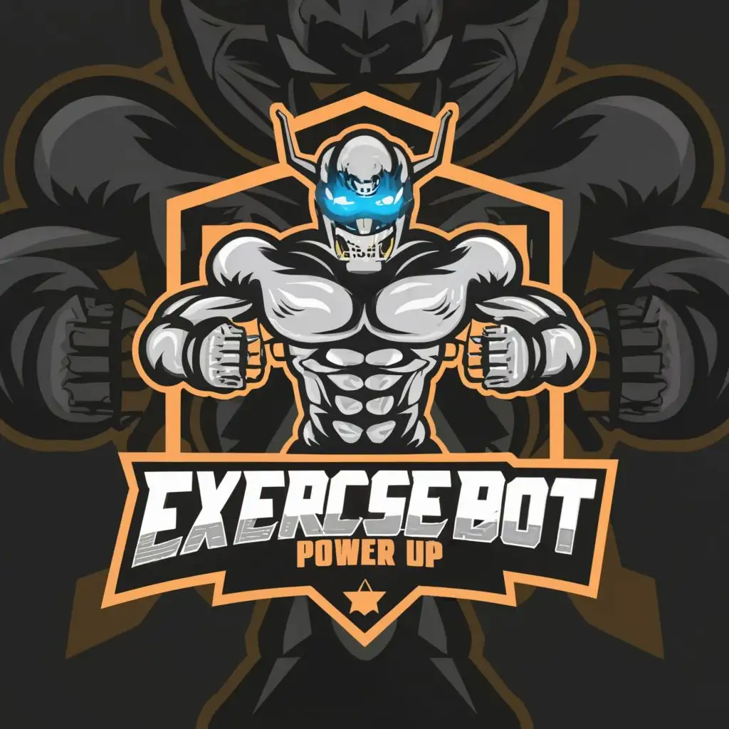 logo, muscular evil robot, with the text "My Exercise Bot 
Power Up", typography, be used in Sports Fitness industry