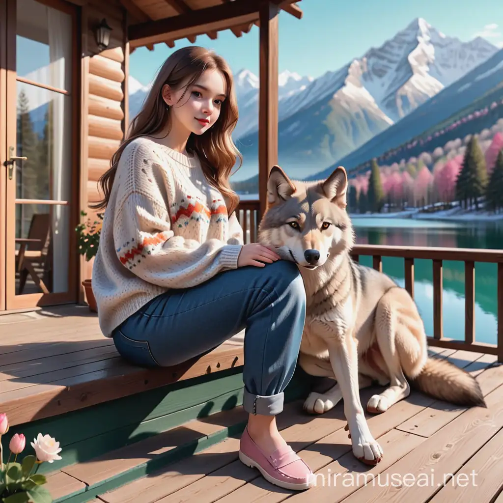 Girl Petting Wolf on Porch Overlooking Mountain Lake