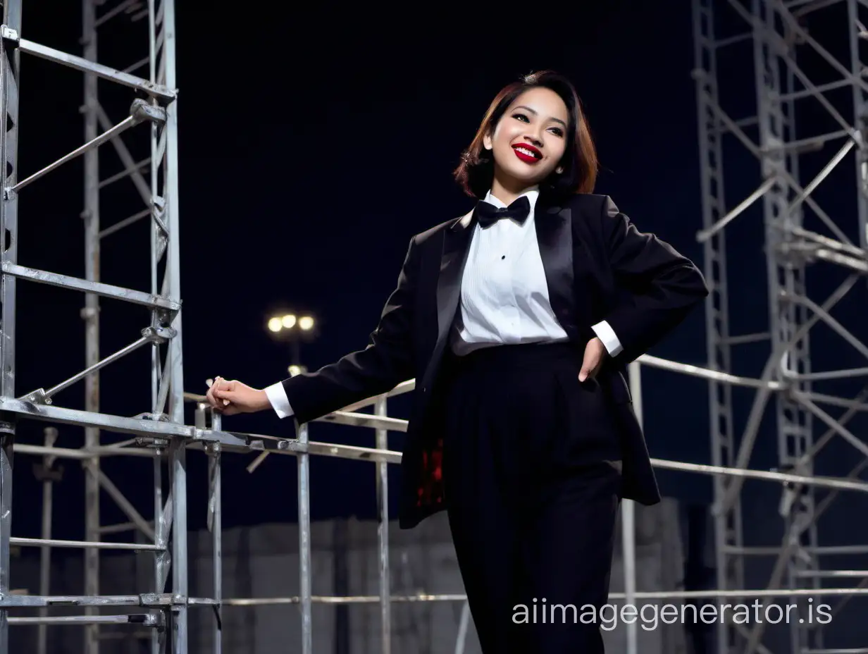 It is night. A profile of a smiling and laughing Indonesian woman with shoulder length hair and lipstick. She is walking toward the edge of a scaffold. She is wearing a black tuxedo with a black jacket. Her shirt is white. Her bowtie is black. Her cummerbund is black. Her pants are black. Her cufflinks are black. She is relaxed. Her jacket is open. She is looking at a man hanging in the air.