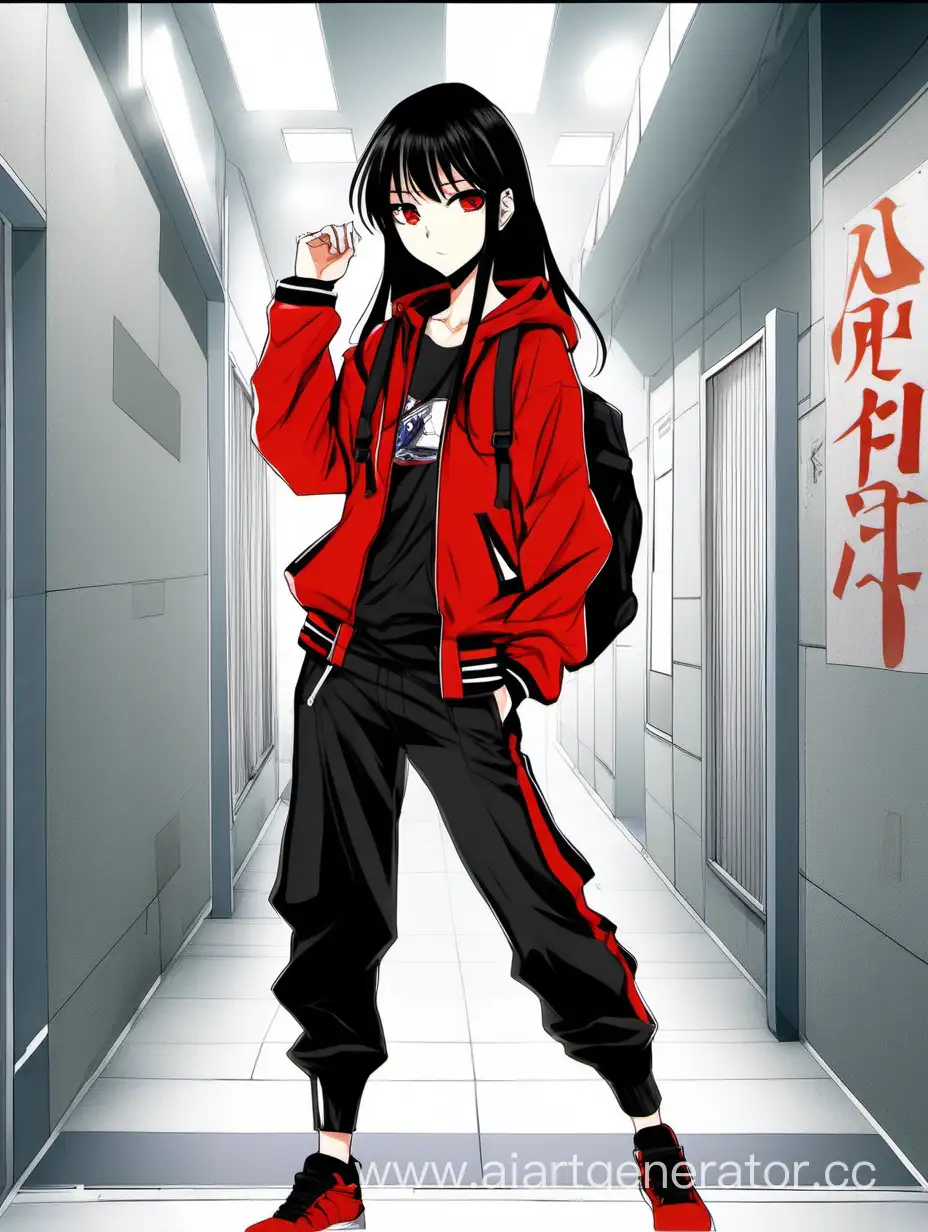 Stylish-Japanese-Teen-in-Black-and-Red-Attire-on-White-Background
