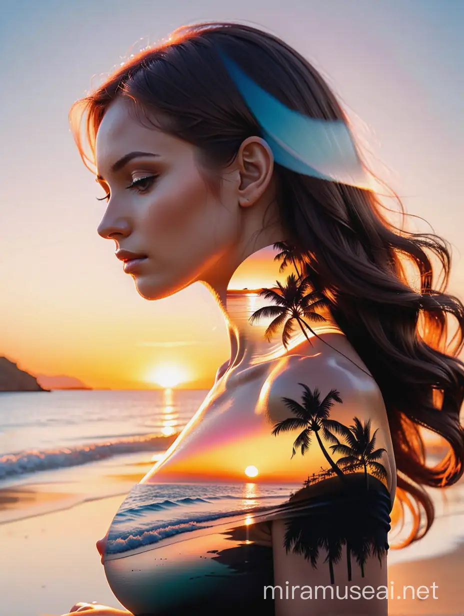 A stunning (((double exposure))), showcasing an elegant goddess silhouette against a (((sunset at a coastal setting))), with the vivid colors and details of the sunset subtly integrated into her form, creating a breathtaking interplay of light and shadow, achieving a crisp, high-resolution 8K Ultra HD image that embodies splendor and serenity