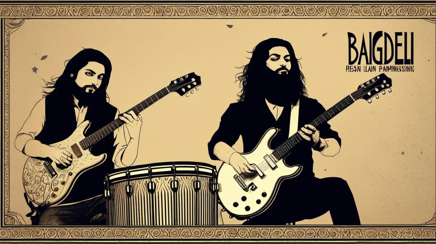 concert poster for BAIGDELI. two handsome persian men with long hair and beards. they are playing drums and guitar. in style of smashing pumpkins