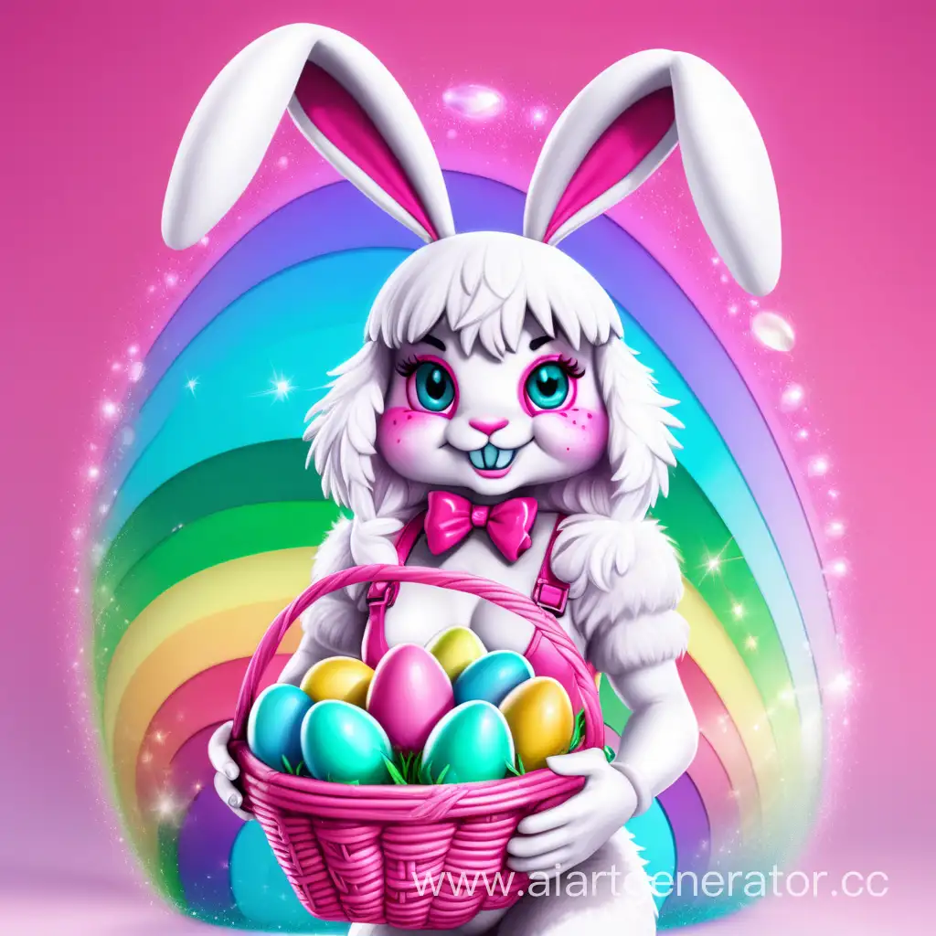 Cute-Rubber-Furry-Easter-Bunny-with-Sparkling-Pink-Latex-Skin-Holding-Basket-of-Rainbow-Eggs