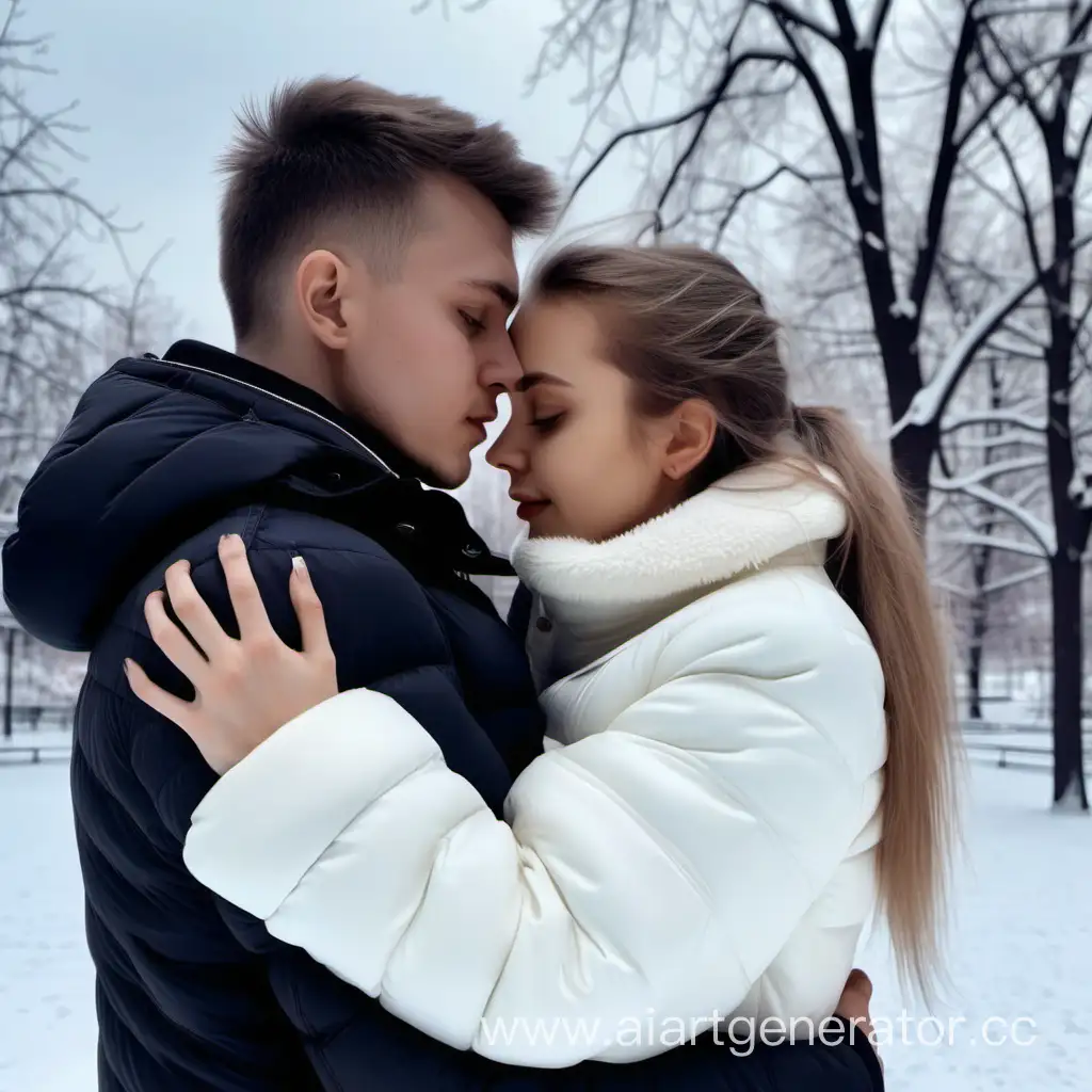 Кирилл Мертышев и его девушка Алёна Всиридова стоят в обнимку зимой на фоне заснеженного летнего парка