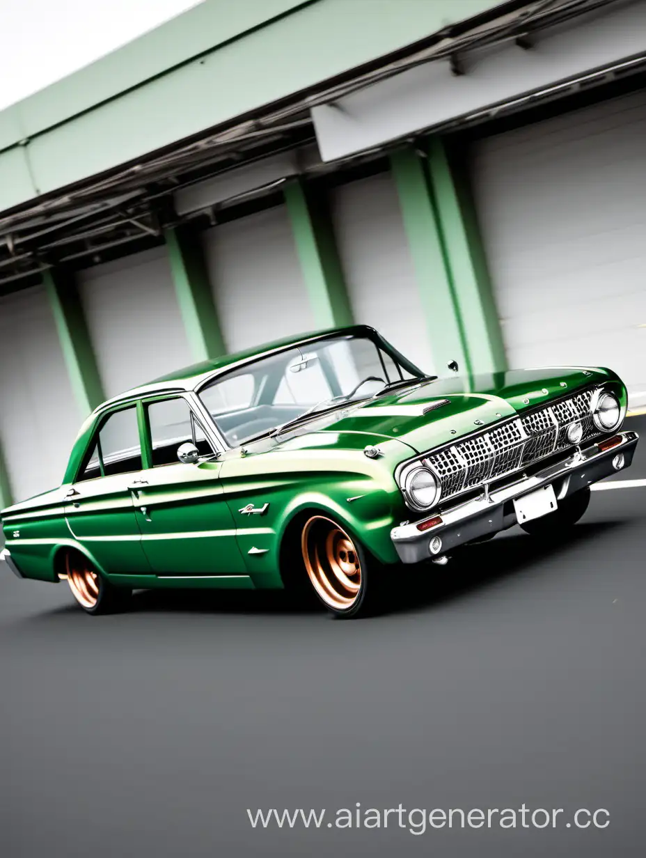Manga styles 1961 Ford Falcon. Green paint. Bronze wheels. Trackside.