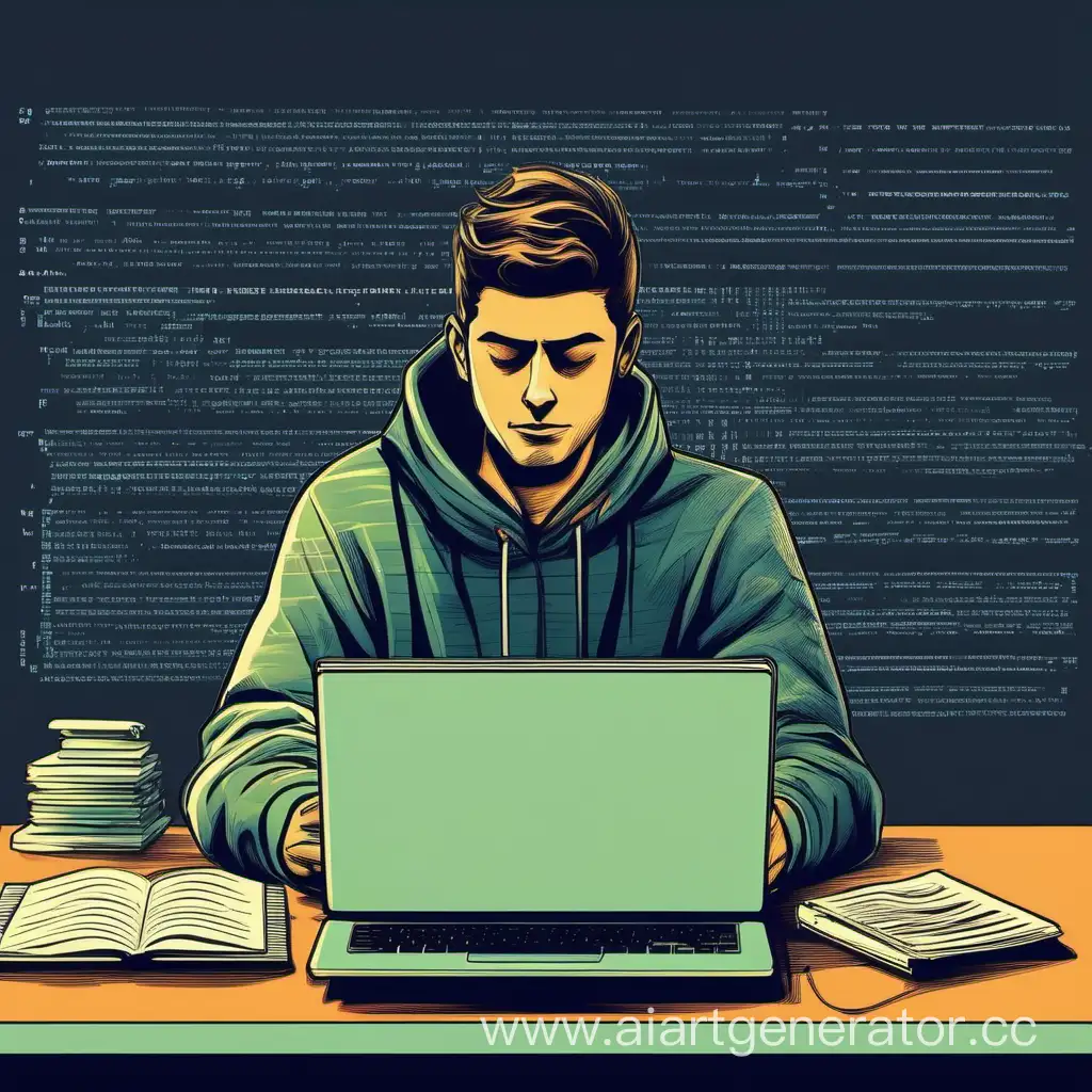 програмист пищущий код. перед ним ноутбук а вокруг него строки кода