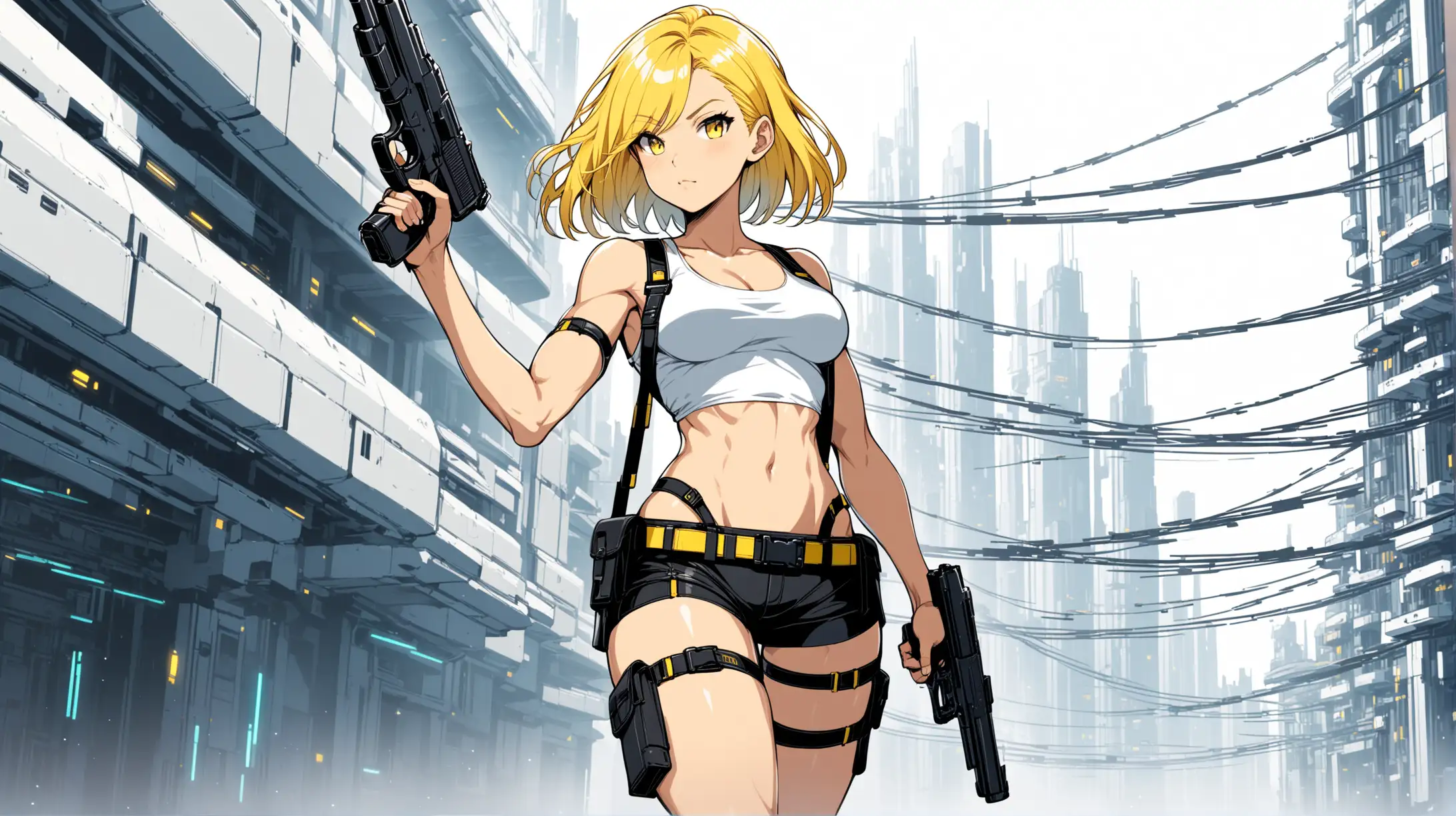 sexy fit 24 year old hero girl, short chin length yellow hair, holding handguns up in each hand in futuristic town, toned body, sexy midriff, short white tank top, wearing suspenders, black shorts, holsters on each thigh, combat boots, yellow black white 3 color minimal design