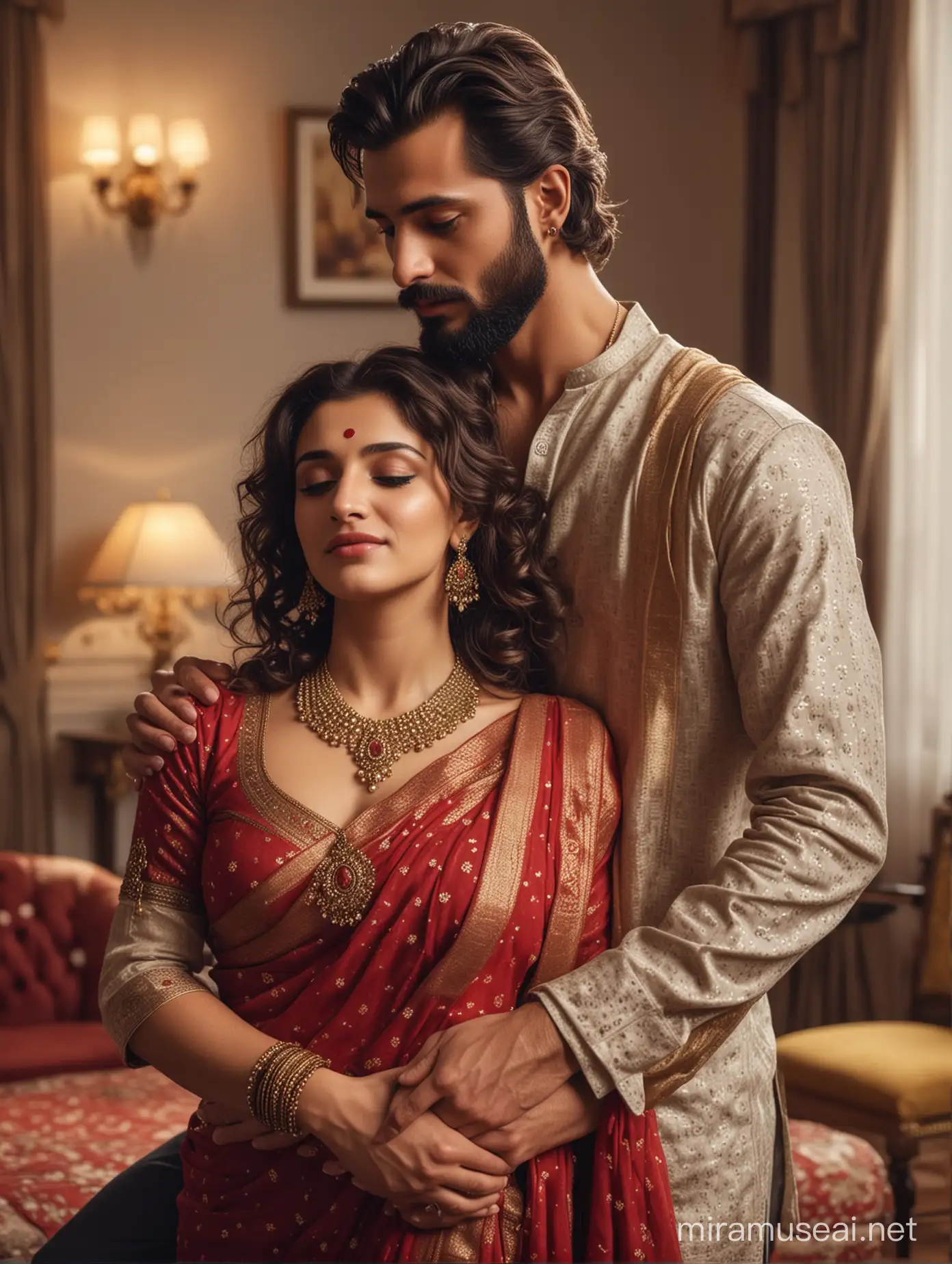 full body view  of most beautiful european couple as most beautiful indian couple, most beautiful girl in elegant bold color saree and long curly hairs, hairs tied  up with hair style stylishly, perfect red dot, necklace,   big wide black  eyes, full face, makeup, low cut neck, girl embracing with emotion and possessive feeling, pressing face to chest of man, emotional crying with longing feeling, innocence and ecstasy, hands around man neck, man comforting her,  man with stylish beard, perfect proper trim hair cut, formals, photo realistic, 4k.
background, spacious modern elite photo room, with luxury sofa set, cream color carpet, elegant interior designs, vintage lamps, romantic reunion ambience, photorealistic, vibrant colors, intricate details, 8k.