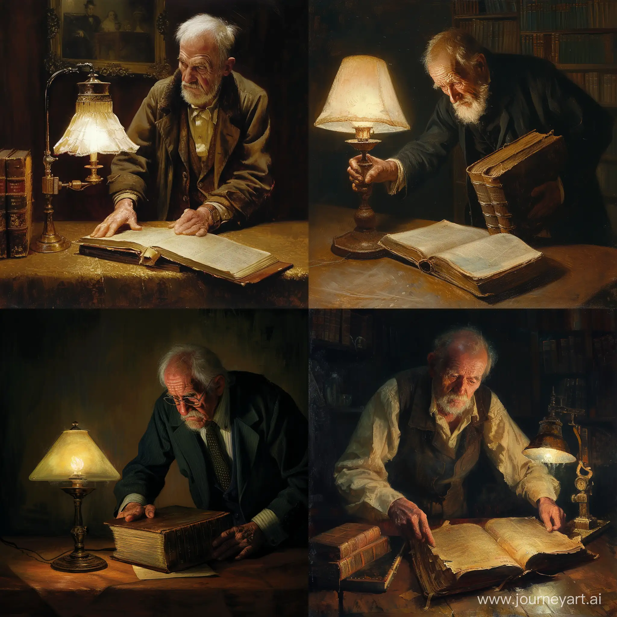Elderly-Librarian-Illuminating-Knowledge-with-Antique-Lamp-and-Ancient-Tome