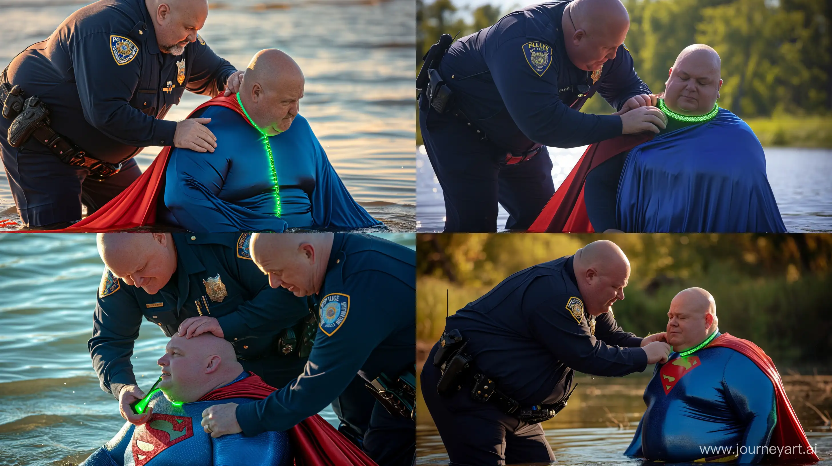 Close-up photo of a chubby man aged 60 wearing a long-sleeved navy police uniform, bending over and tightening a green glowing small short dog collar on the neck of another chubby man aged 60 sitting in the water and wearing a blue silky superman costume with a large red cape. Outside. Natural light. Bald. Clean Shaven. --style raw --ar 16:9 --v 6
