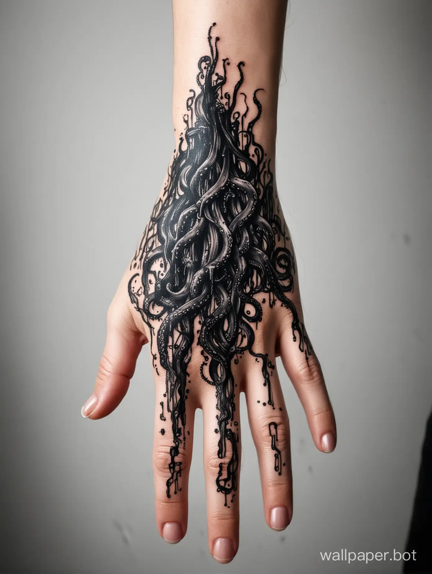  Hand tattoo, dripping dark waves tentacles, explosive dripping black, tattoo hand, blackwork, masterpiece, white background