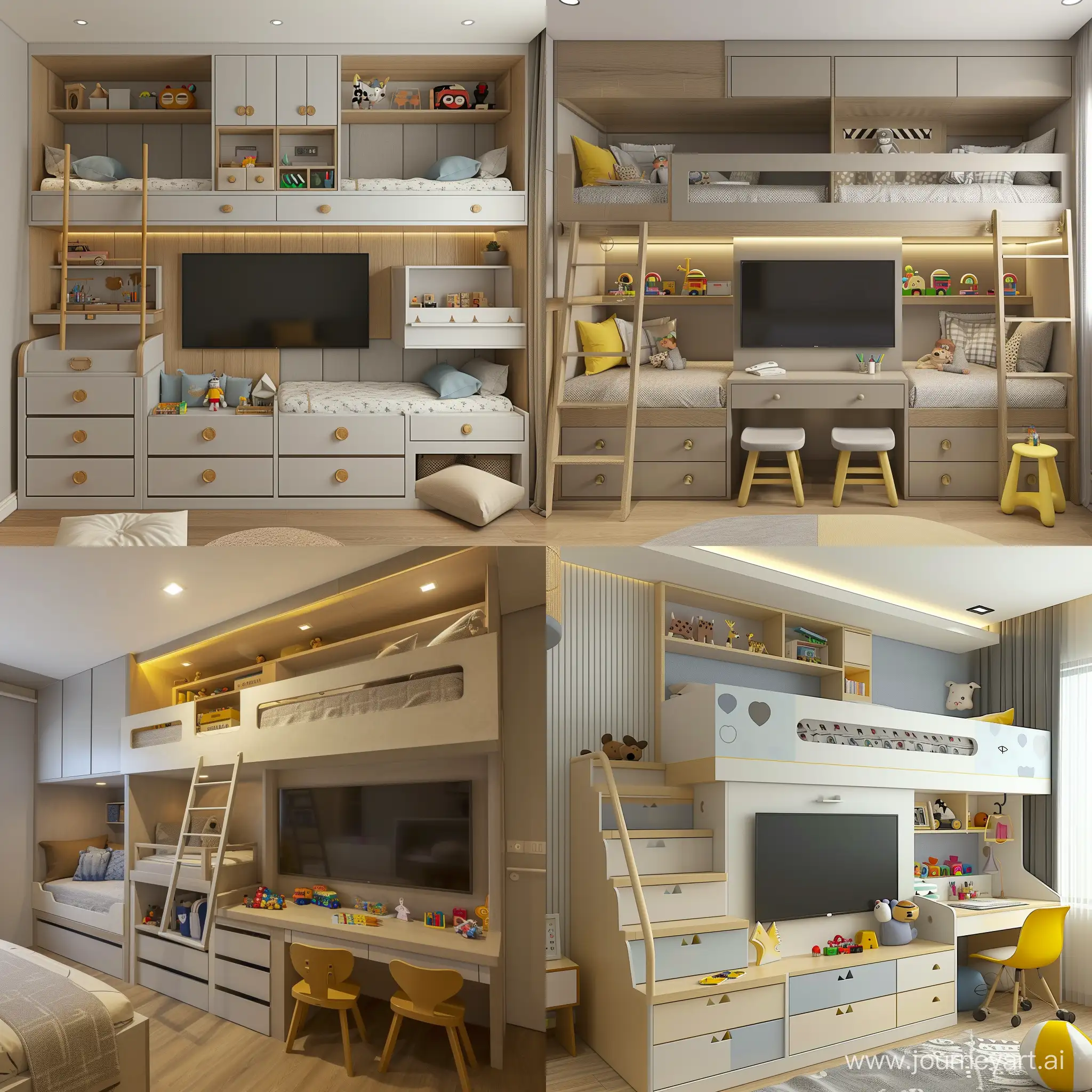 Cozy-Contemporary-Childrens-Bedroom-with-Bunk-Beds-and-Entertainment