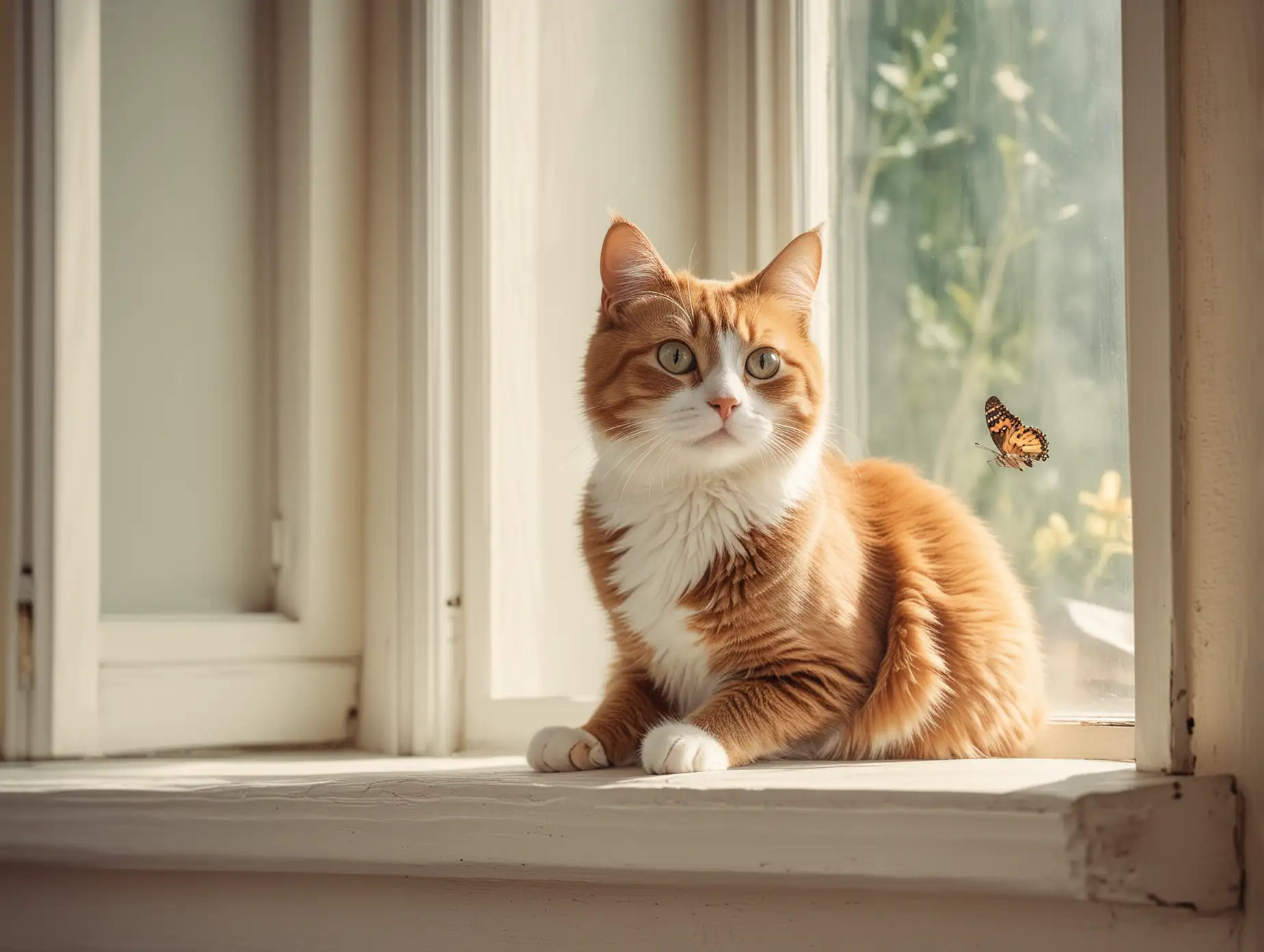 Curious cat with wide eyes, staring intently at a fluttering butterfly on a sunny window ledge, in the style of a stock photo, smart casual, diverse, relatable personality, cheerful muted color palette with texture, flickr, provia, minimal retouching, the helsinki school --ar 1920:1080