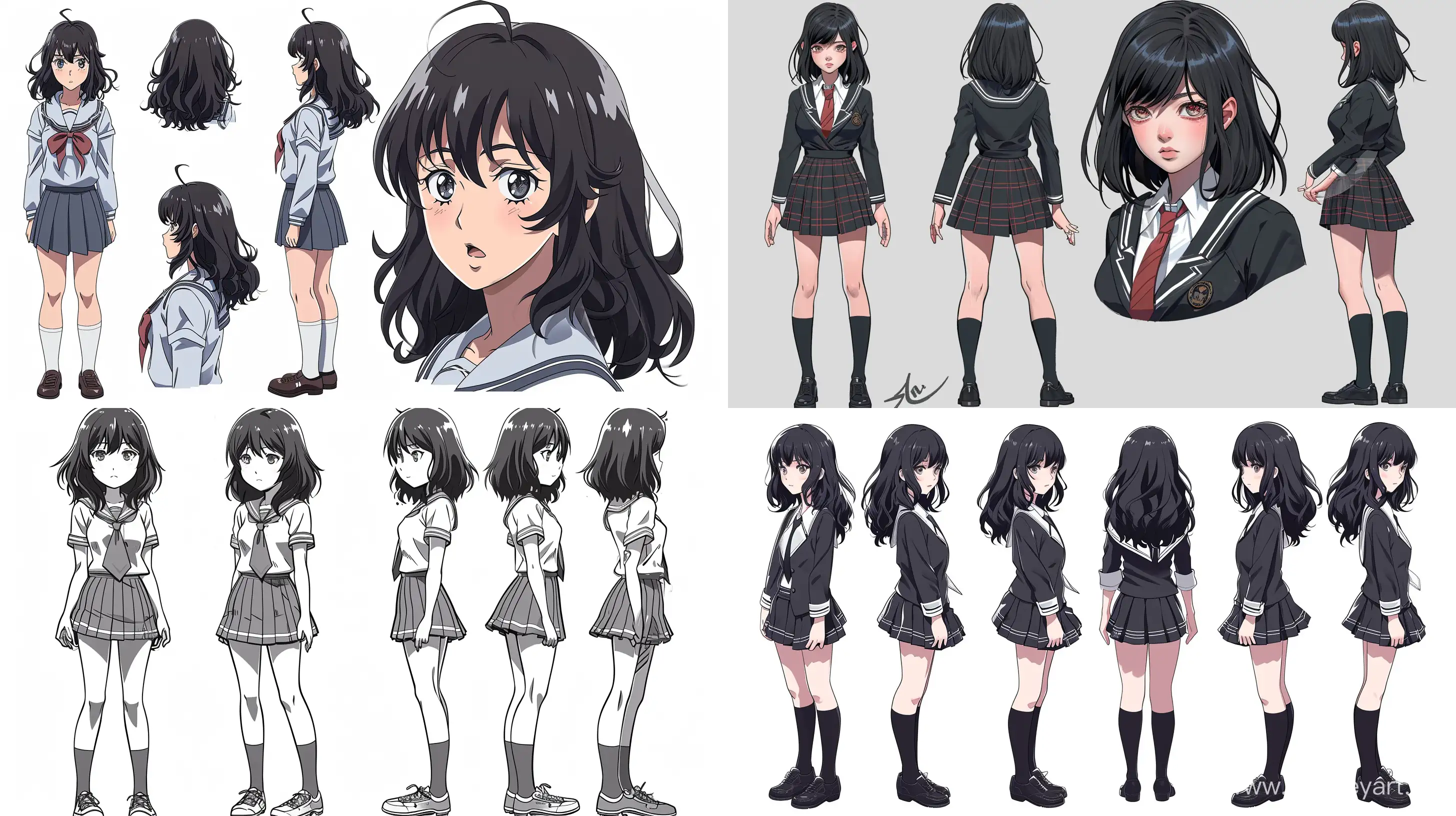 full body, character sheet, anime style, shoulder-length hair, multiple angle shot,  a highschool girl with beautiful face, intelligent look and fashionable, black hair, curvy figure, wear shoes , white skin, cute, school uniform, best quality --ar 16:9 --q 2 --v 6